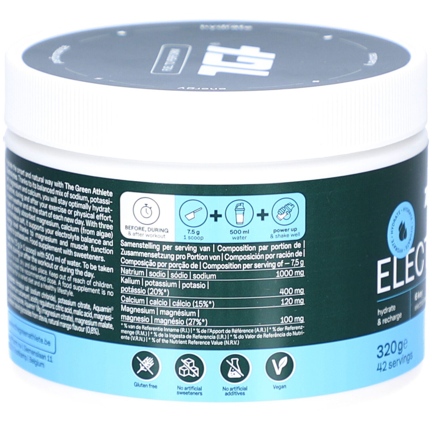 Rückseite des weißen, runden Gefäßes. Enthält Informationen zu Inhaltsstoffen und Nährwerten. Marke: The Green Athlete.