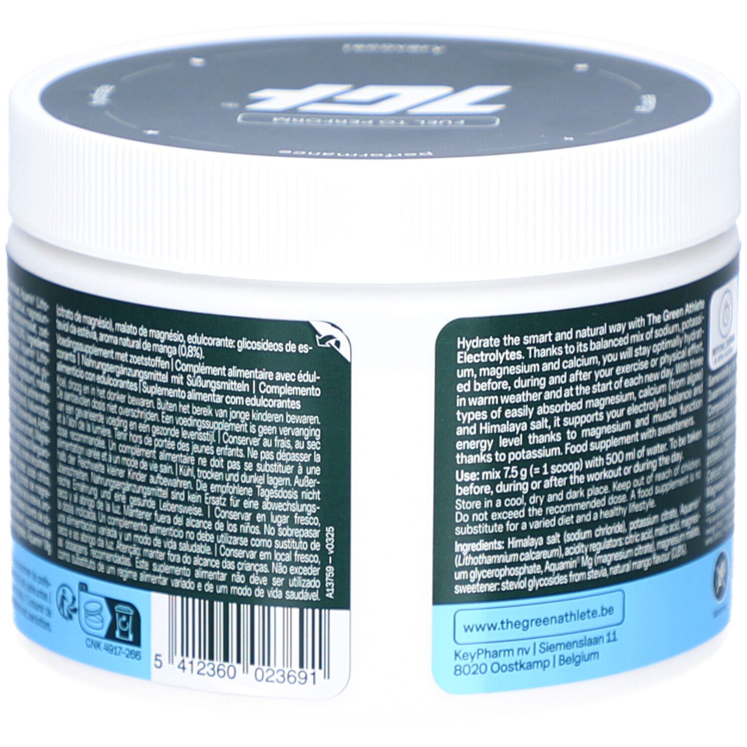 Rückseite des weißen, runden Gefäßes. Text mit Inhaltsstoffen, Gebrauchsanweisung und Kontaktinformationen. Marke: The Green Athlete.