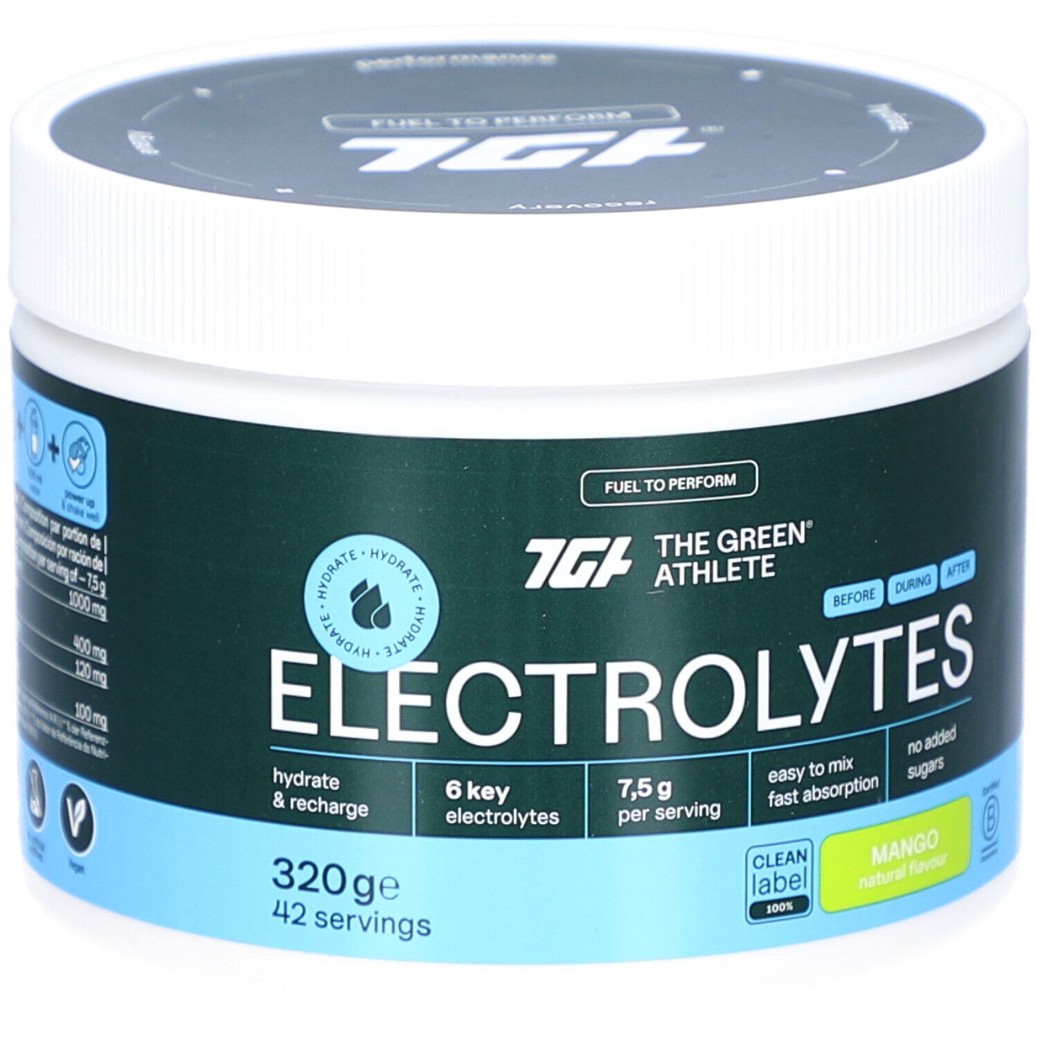 Weißes, rundes Gefäß mit grünem Etikett. Aufschrift: Electrolytes, 6 Elektrolyte, 320g, Mango. Marke: The Green Athlete.