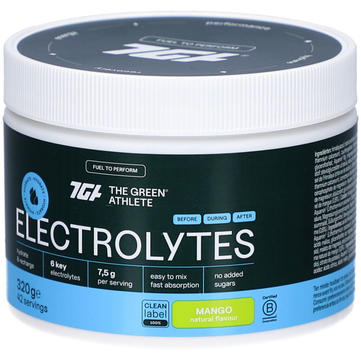 Weißes, rundes Gefäß mit grünem Etikett. Aufschrift: Electrolytes, 6 Elektrolyte, 320g, Mango. Marke: The Green Athlete.