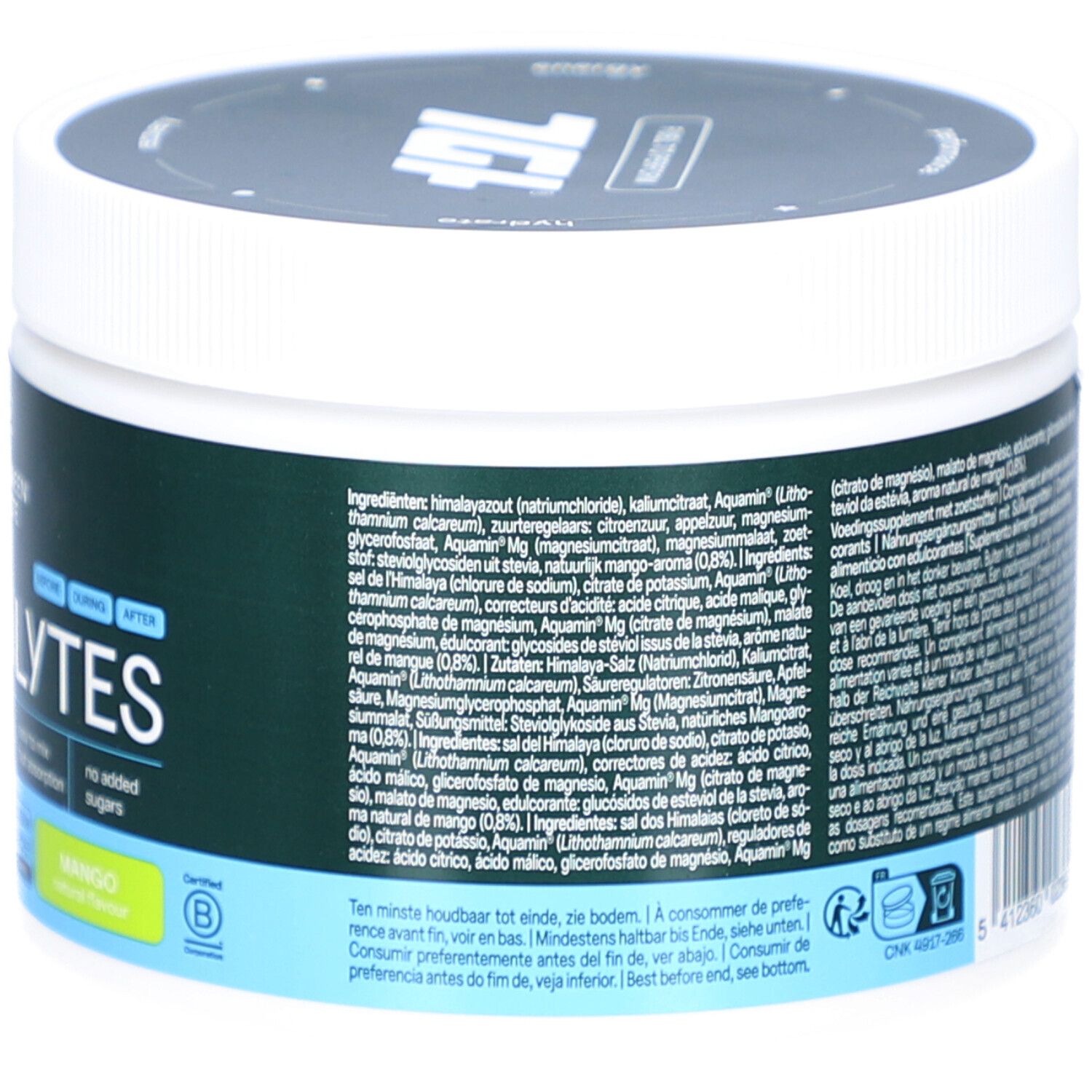 Rückseite des weißen, runden Gefäßes. Text mit Inhaltsstoffen, Gebrauchsanweisung und Kontaktinformationen. Marke: The Green Athlete.