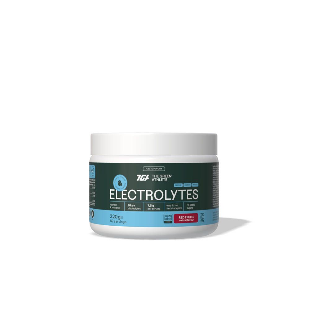 Pot rond avec couvercle. Inscription : THE GREEN ATHLETE ELECTROLYTES. 320g, 42 portions. Fruits rouges.
