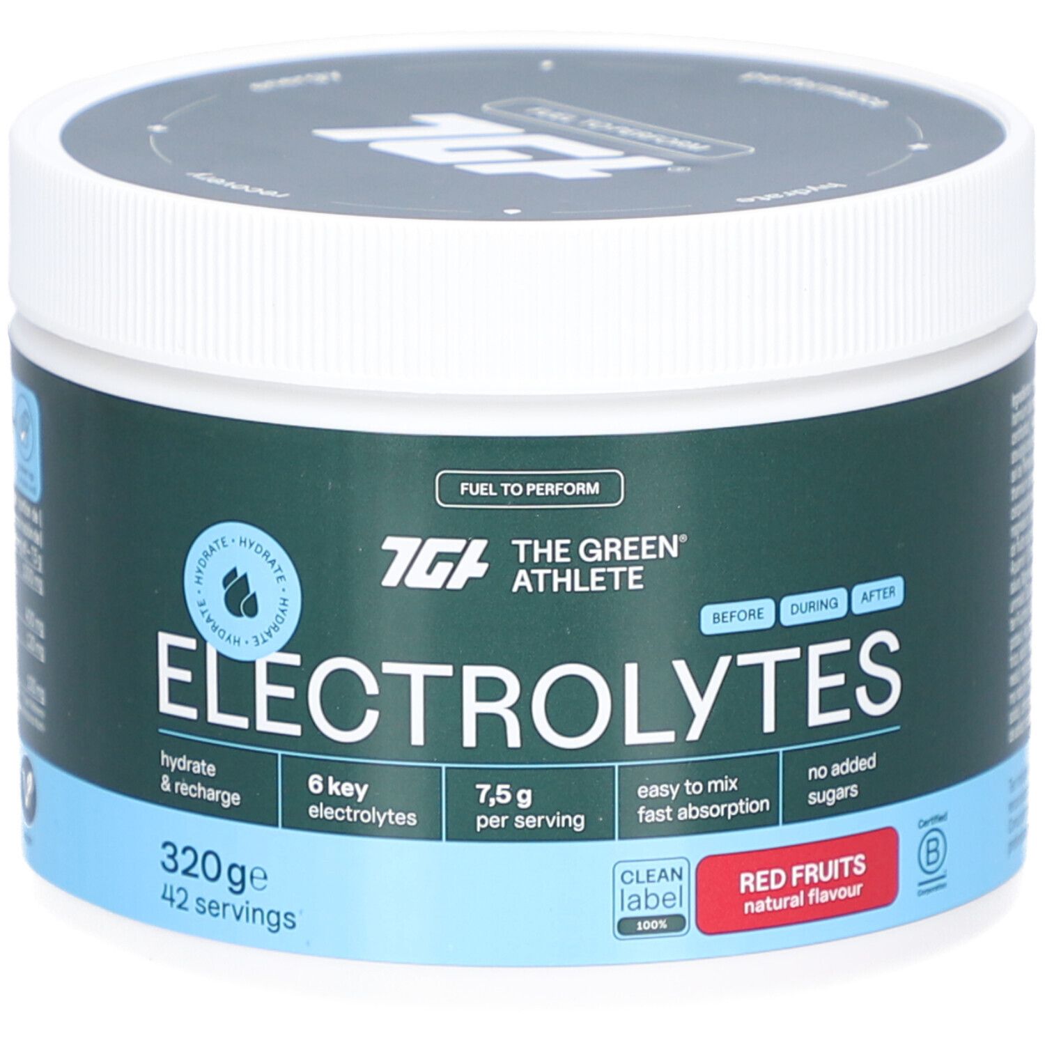 Runder Behälter mit Deckel. Aufschrift: THE GREEN ATHLETE ELECTROLYTES. Rote Früchte. 320g, 42 Portionen.