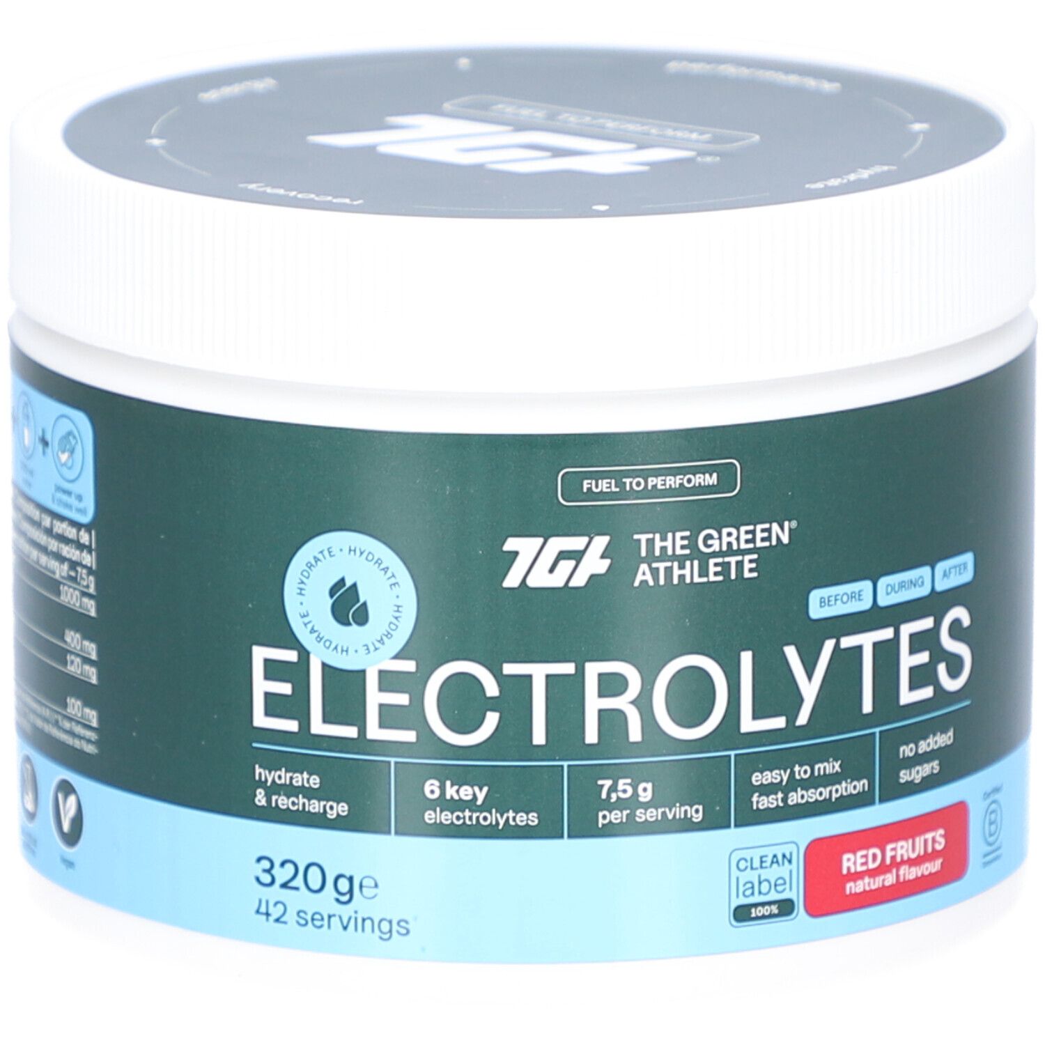 Runder Behälter mit Deckel. Aufschrift: THE GREEN ATHLETE ELECTROLYTES. Rote Früchte. 320g, 42 Portionen.