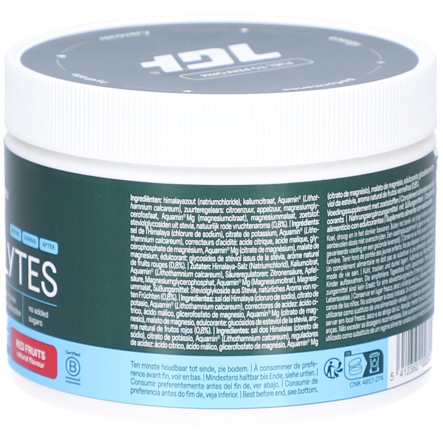 Runder Behälter mit Deckel. Rückseite mit Zutatenliste. THE GREEN ATHLETE ELECTROLYTES. Rote Früchte. Vegan.