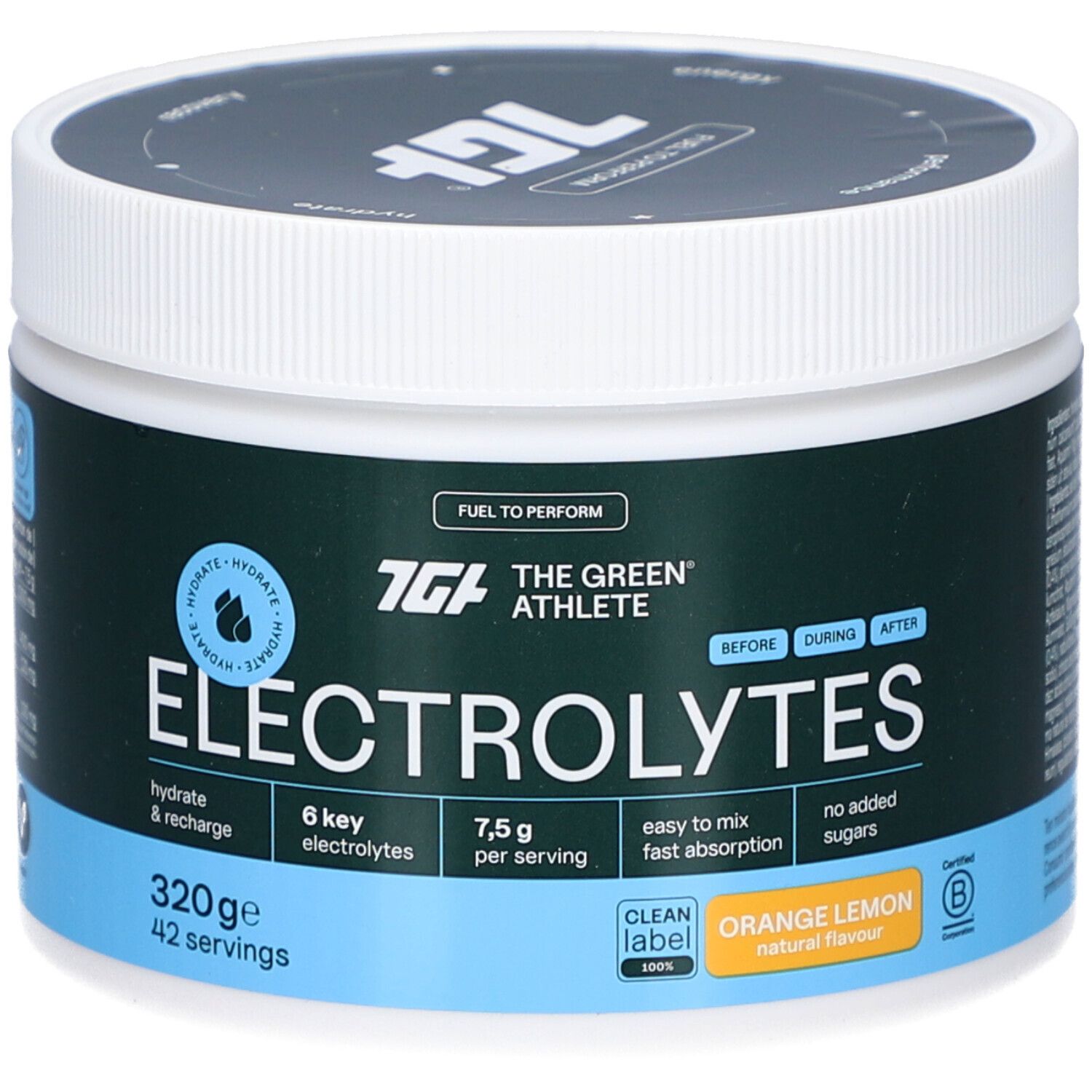 Weißes Gefäß mit Deckel. Aufschrift: The Green Athlete Electrolytes Orange Lemon. Enthält 6 Elektrolyte, 7,5 g pro Portion.