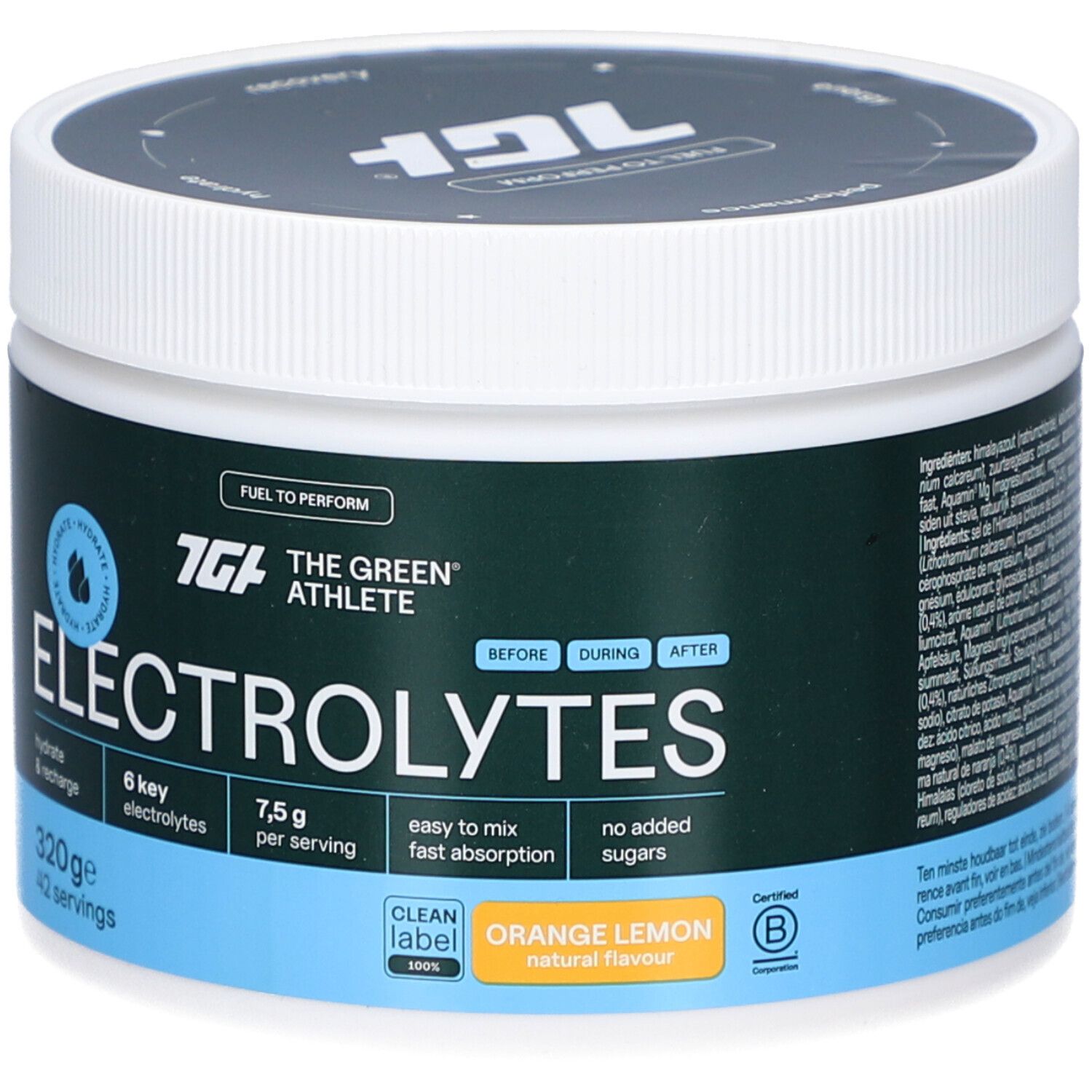 Weißes Gefäß mit Deckel. Aufschrift: The Green Athlete Electrolytes Orange Lemon. Enthält 6 Elektrolyte, 7,5 g pro Portion. Mit Zertifizierung.