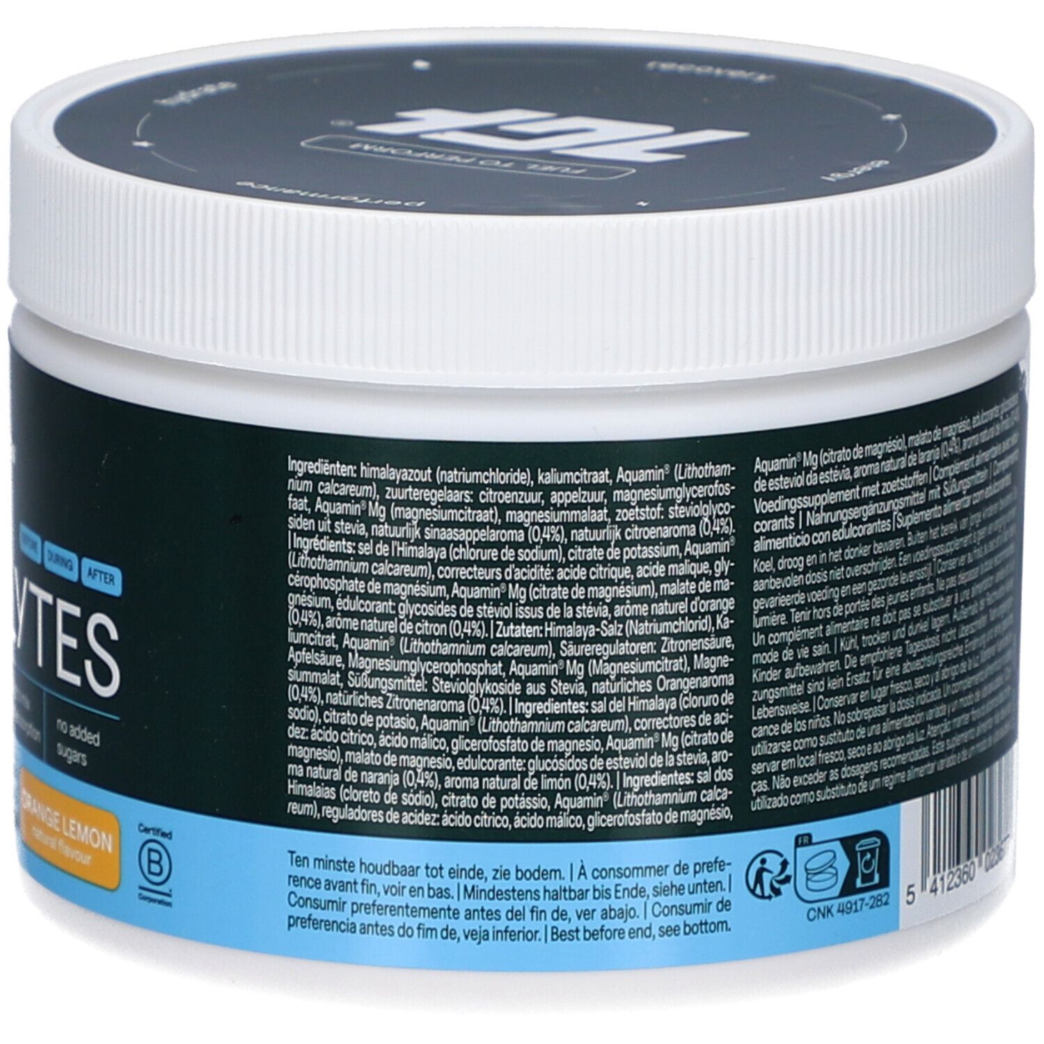 Rückseite des weißen Gefäßes. Enthält Inhaltsstoffe und Warnhinweise. Orange Lemon.