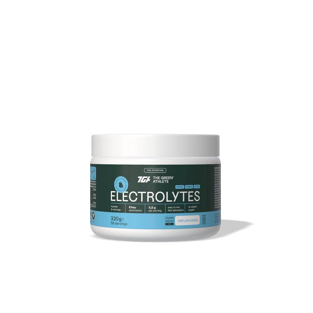 Pot d'électrolytes. Inscriptions : The Green Athlete, Electrolytes, 6 électrolytes, 320g, 58 portions. Design bleu et blanc.