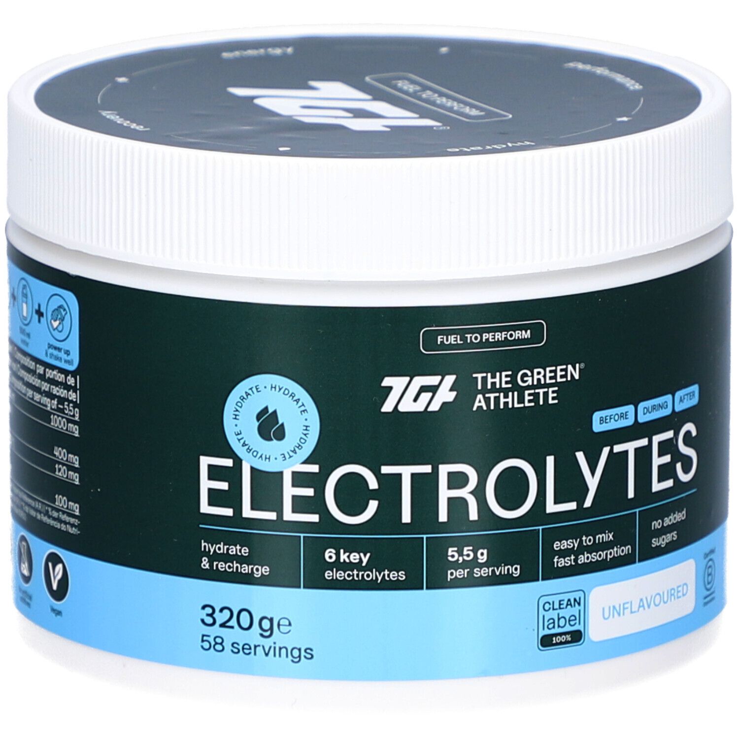 Behälter mit Elektrolyten. Aufschrift: The Green Athlete, Elektrolyte, 6 Elektrolyte, 5,5 g pro Portion, 320 g, 58 Portionen. Vegan.