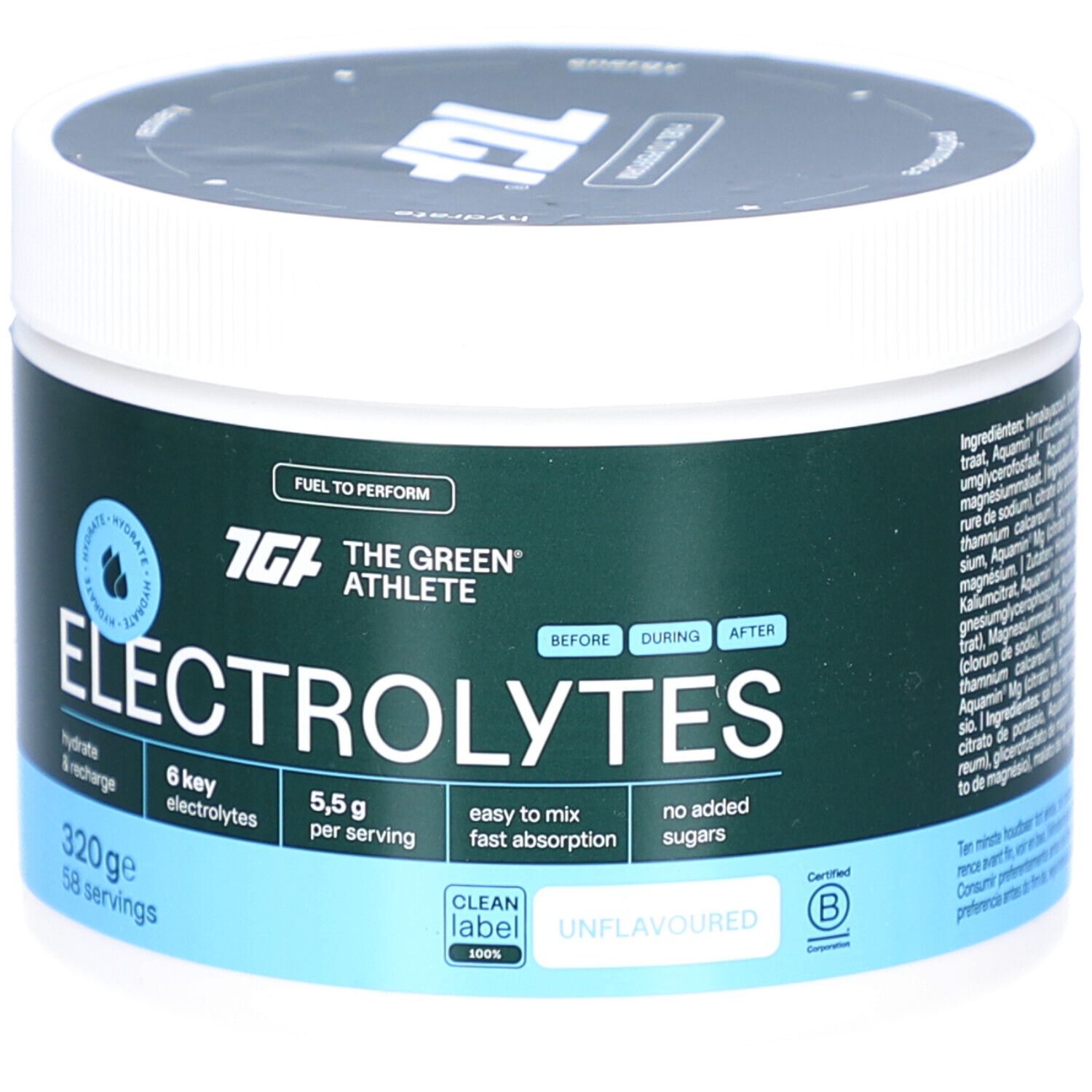 Behälter mit Elektrolyten. Aufschrift: The Green Athlete, Elektrolyte, 6 Elektrolyte, 5,5 g pro Portion, 320 g, 58 Portionen. Zertifiziert.