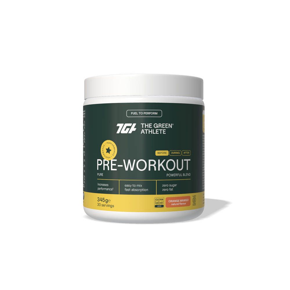 Pot vert et blanc. Inscription: PRE-WORKOUT, 345g, 30 portions. Orange Mangue.