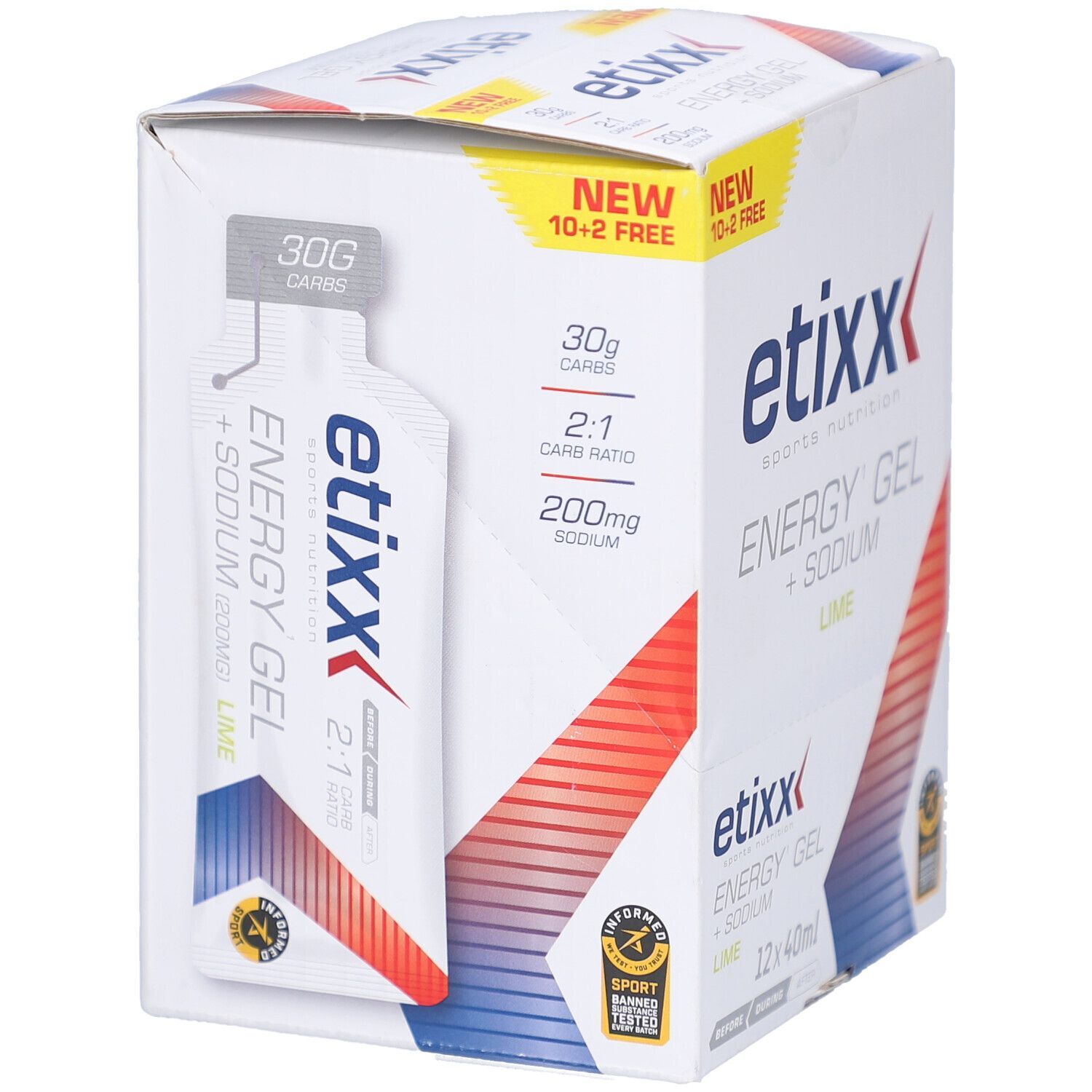 Etixx Energy Gel + Sodium, 30g Beutel. Aufdruck: 30g Carbs, 2:1 Ratio. Logo Etixx. Lime.