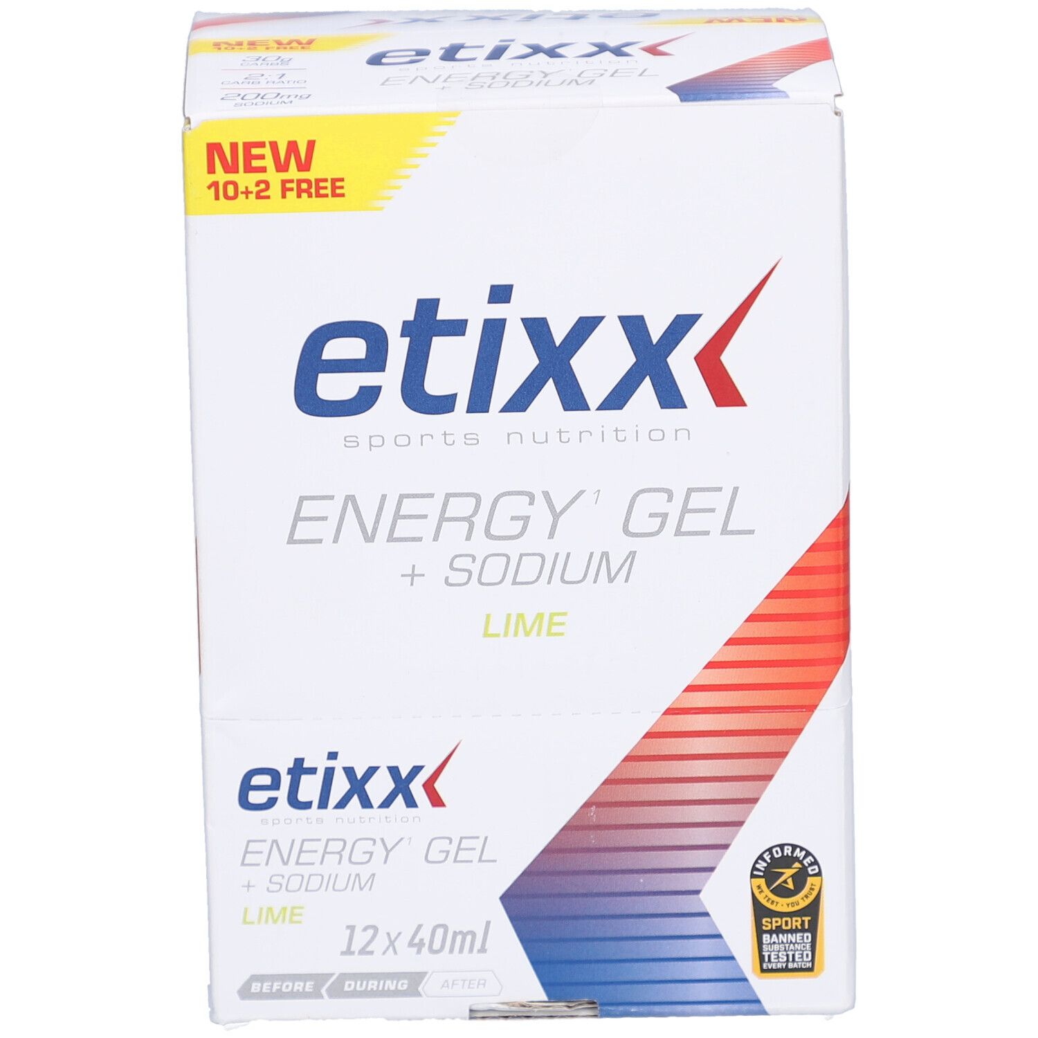 Etixx Energy Gel + Sodium, Karton mit 12 x 40ml. Aufdruck: Lime. Logo Etixx. 12x40ml.