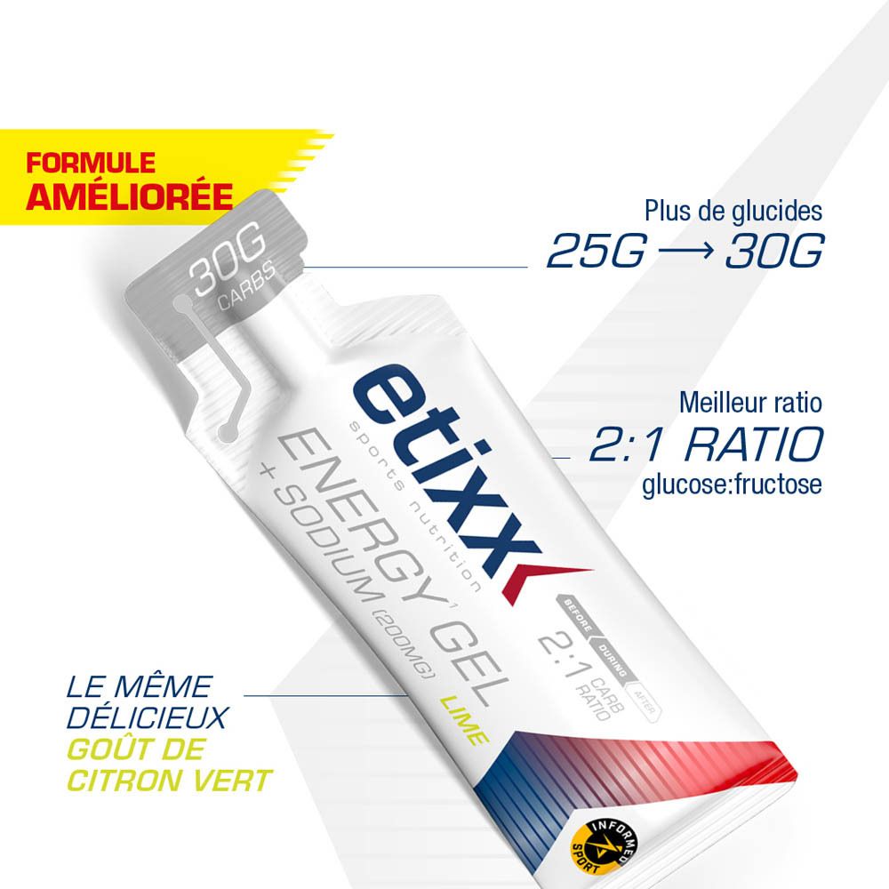Sachet de 30g Etixx Energy Gel + Sodium, saveur Lime. Inscription: 30g Glucides, 2:1 Ratio. Logo.