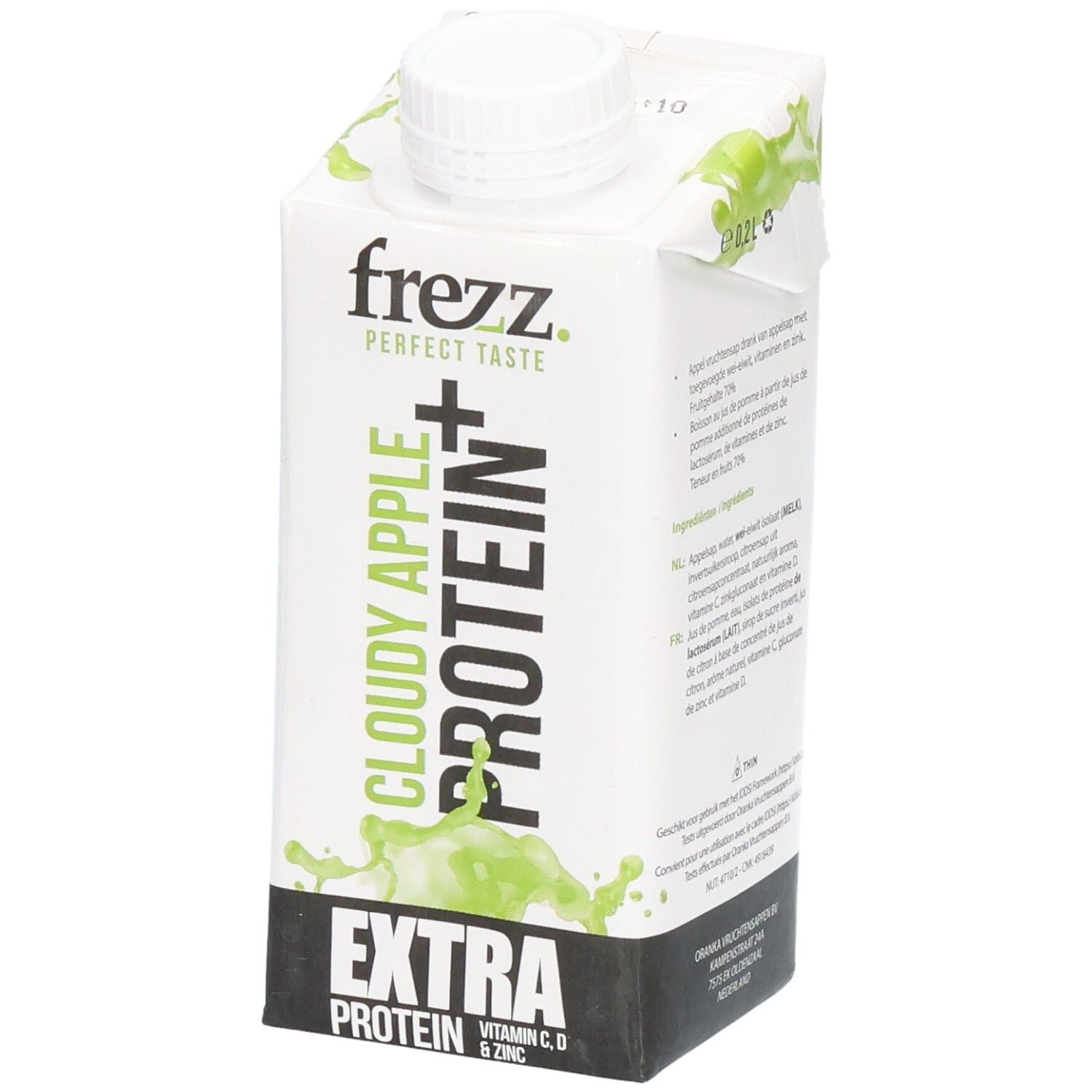 Frezz Cloudy Apple Protein+ Getränk. Weißer Karton mit grünem Design. Enthält Vitamin C, D und Zink. Mit weißem Schraubverschluss.