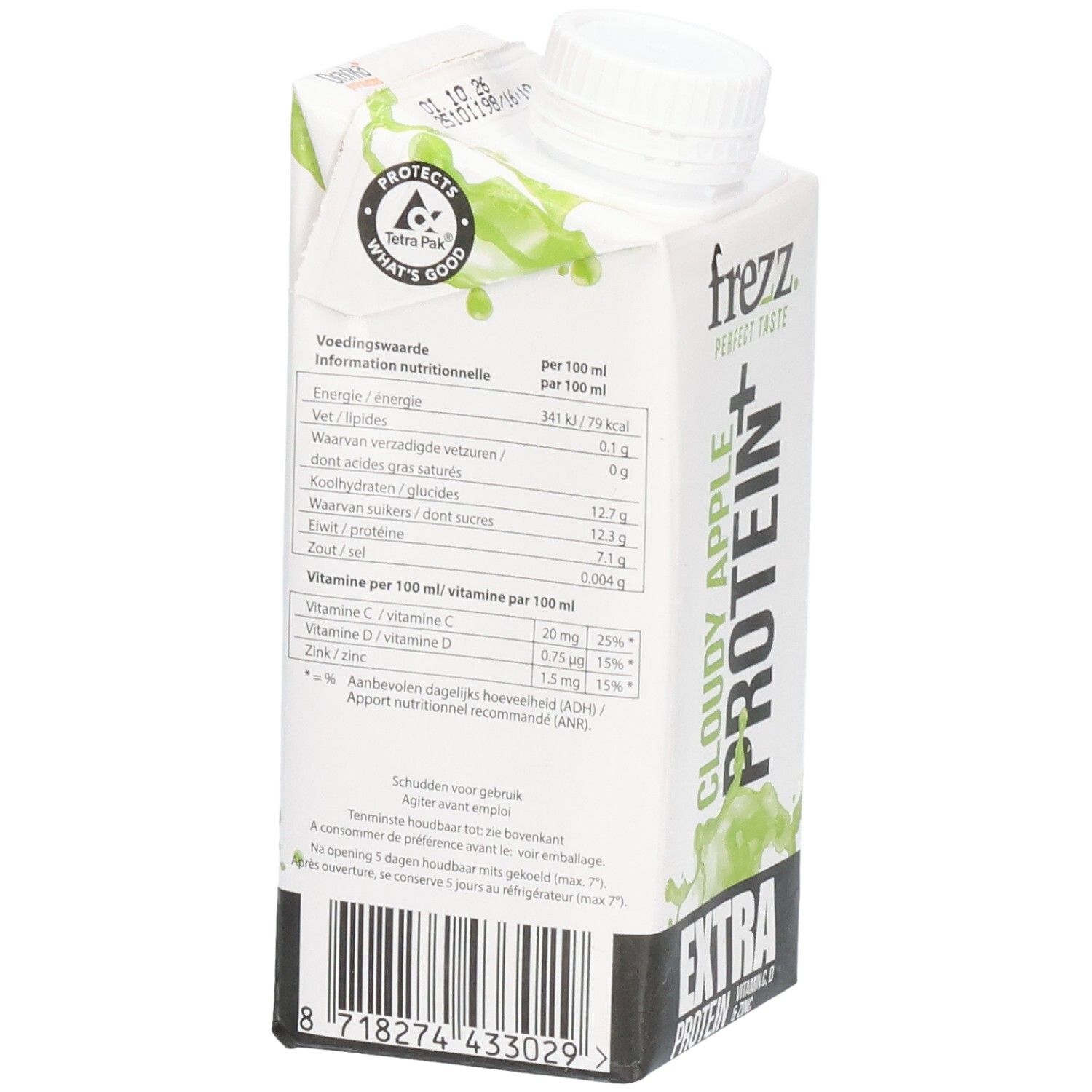 Rückseite der Frezz Cloudy Apple Protein+ Verpackung. Enthält Nährwertangaben und Zutatenliste. Mit weißem Schraubverschluss.
