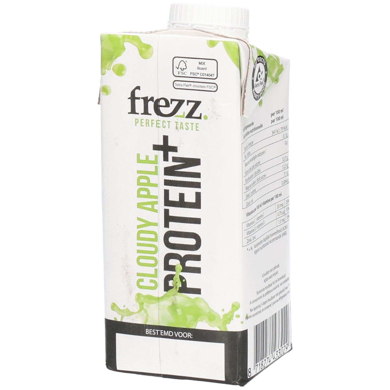 Frezz Cloudy Apple Protein+ Getränk. Weißer Karton mit grünem Design. Enthält Vitamin C, D und Zink. Mit weißem Schraubverschluss.
