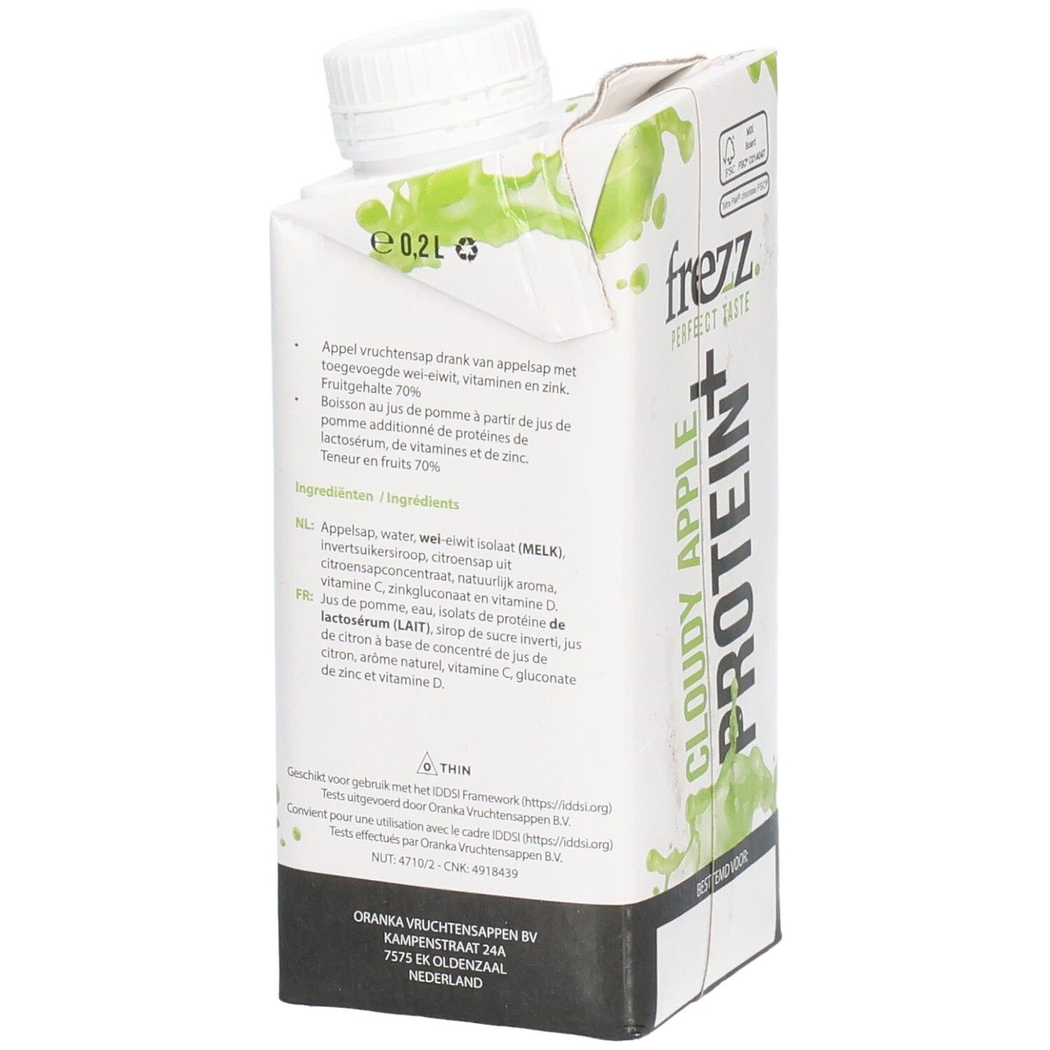 Frezz Cloudy Apple Protein+ Getränk. Enthält Apfelsaft, Proteine, Vitamine und Zink. Mit weißem Schraubverschluss. 0,2L.