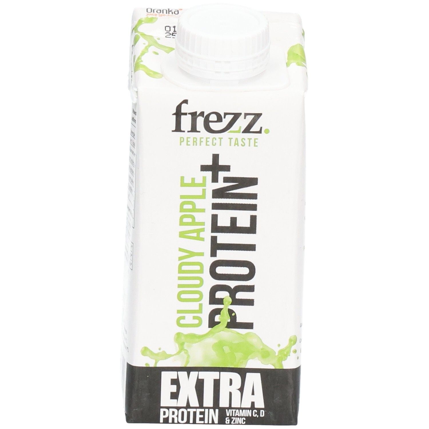 Frezz Cloudy Apple Protein+ Getränk. Weißer Karton mit grünem Design. Enthält Vitamin C, D und Zink. Mit weißem Schraubverschluss.