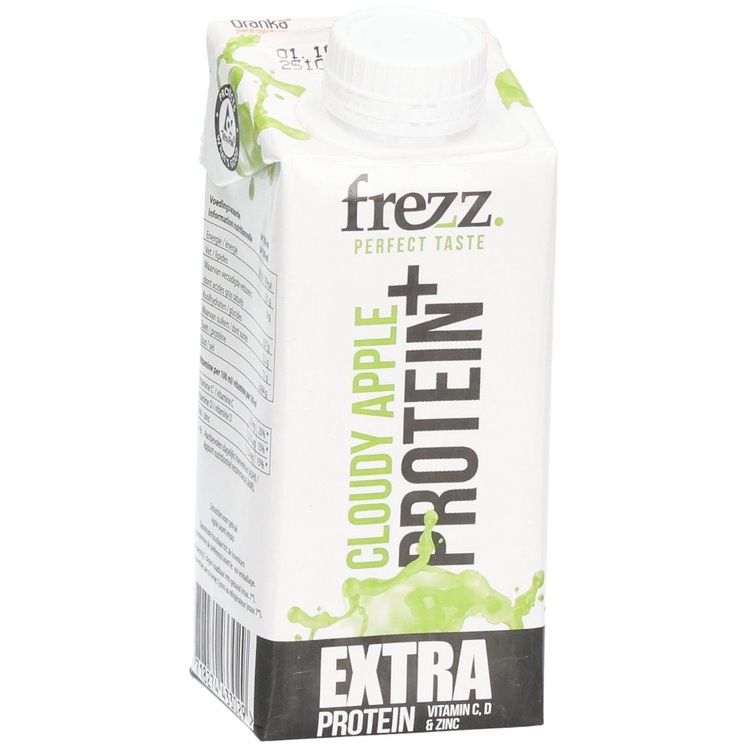 Frezz Cloudy Apple Protein+ Getränk. Weißer Karton mit grünem Design. Enthält Vitamin C, D und Zink. Mit weißem Schraubverschluss.