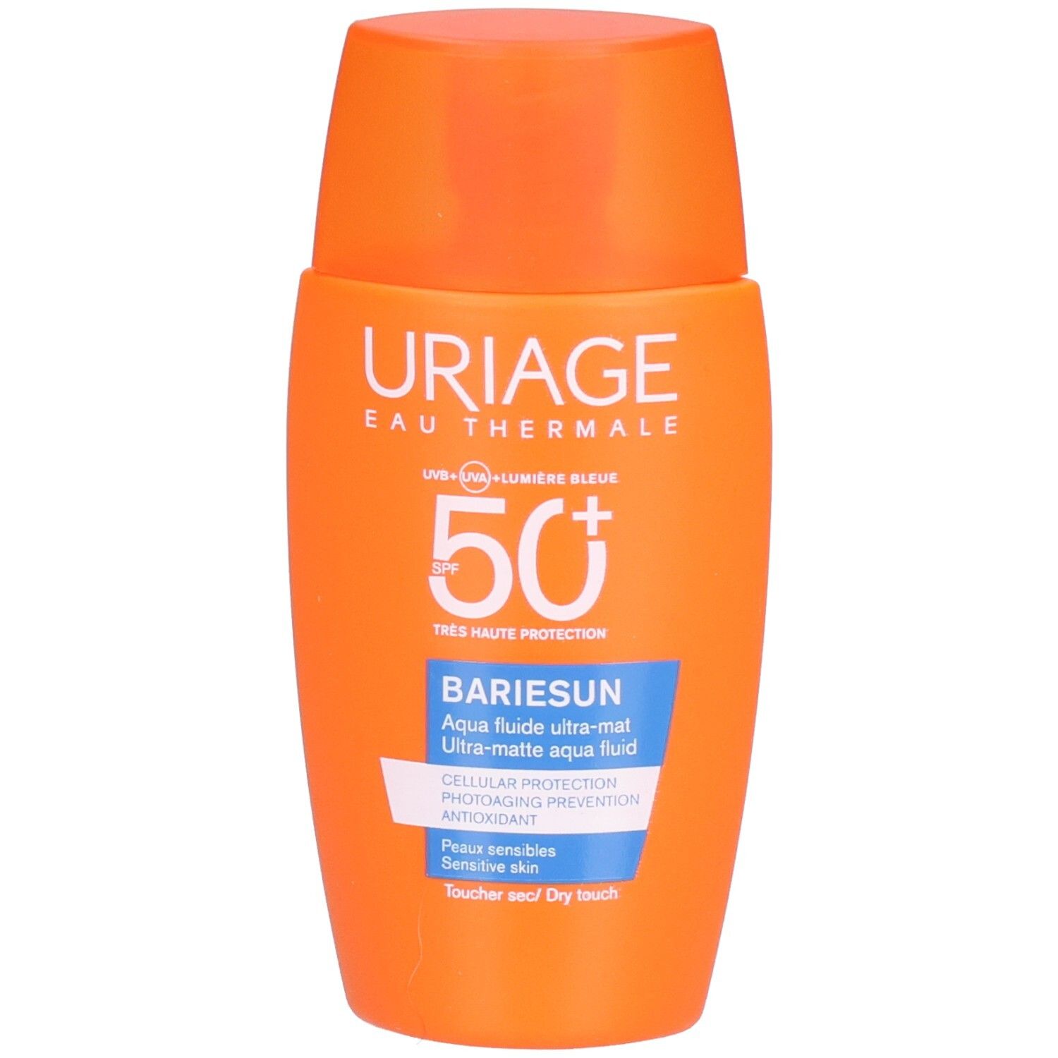 Uriage Bariesun Aqua Fluid Ultra-mat SPF50+ Flasche. Orangefarbene Flasche mit weißem Text und orangefarbenem Deckel.