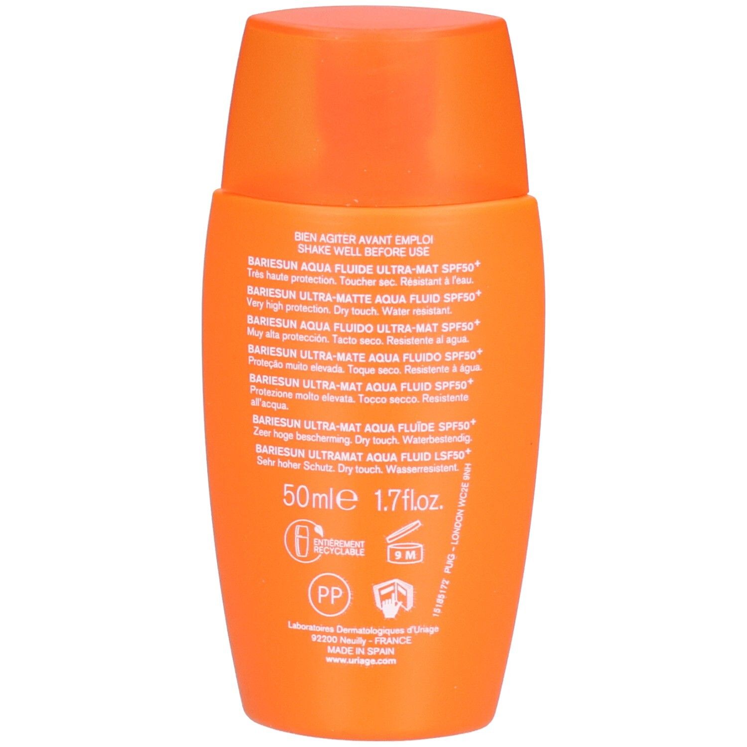 Rückseite der Uriage Bariesun Aqua Fluid Ultra-mat SPF50+ Flasche. Text in mehreren Sprachen.