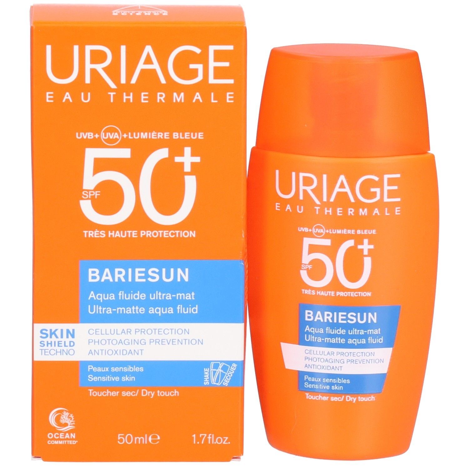 Uriage Bariesun Aqua Fluid Ultra-mat SPF50+ und Verpackung. Orangefarbene Verpackung mit weißem Text.