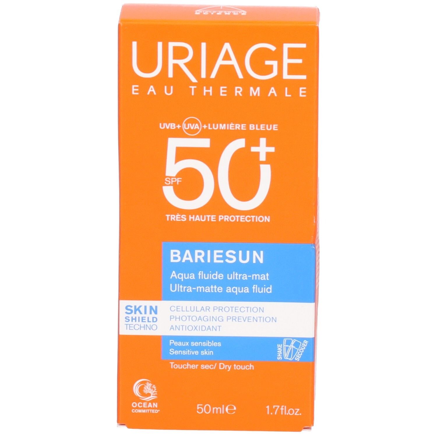 Uriage Bariesun Aqua Fluid Ultra-mat SPF50+ Verpackung. Orangefarbene Verpackung mit weißem Text.