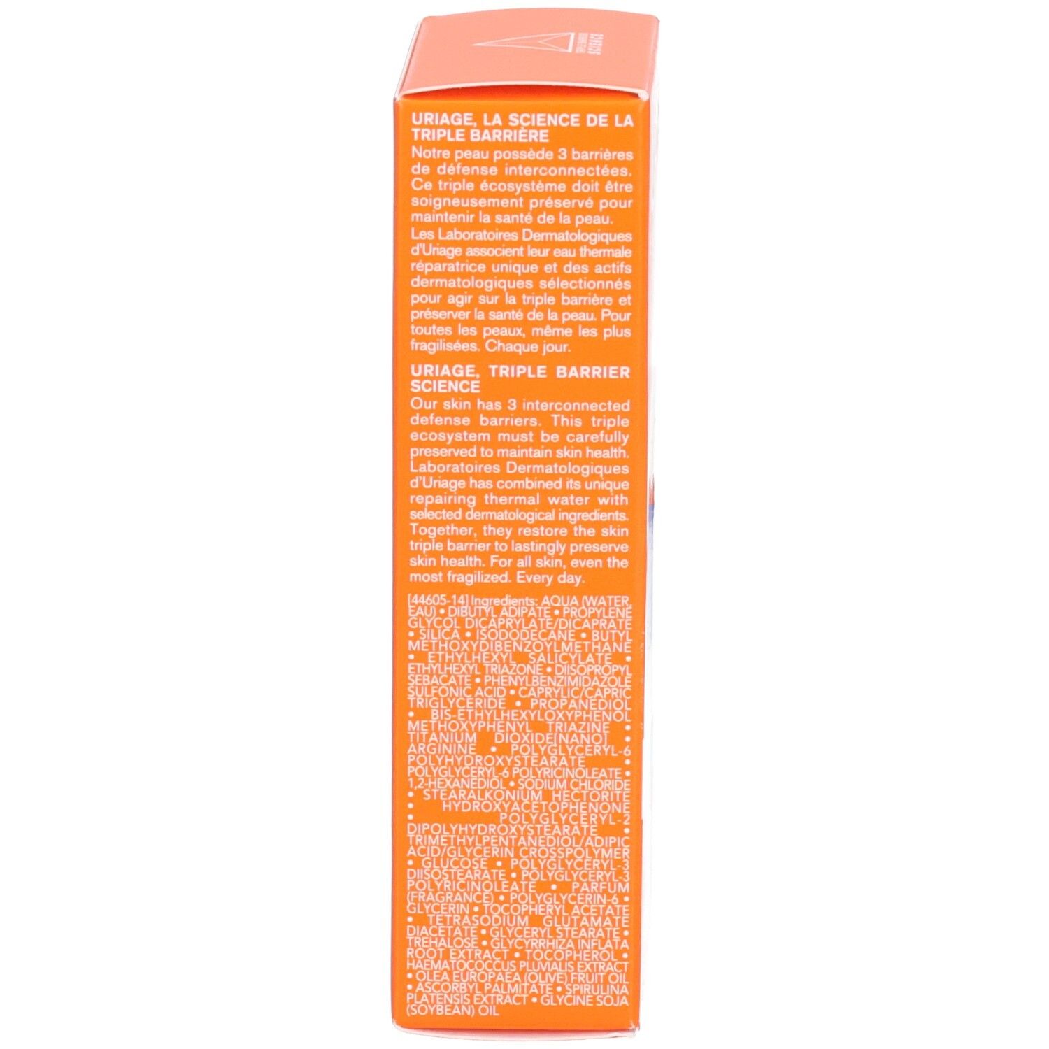 Seite der Uriage Bariesun Verpackung. Text über die Triple Barrier Science.