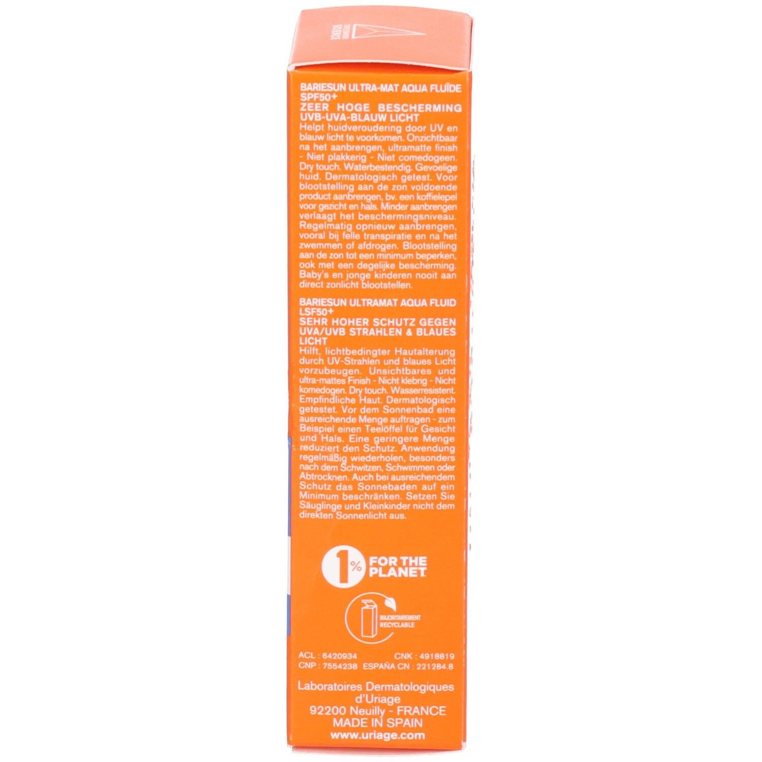 Seite der Uriage Bariesun Verpackung. Text über die Inhaltsstoffe und Anwendung.
