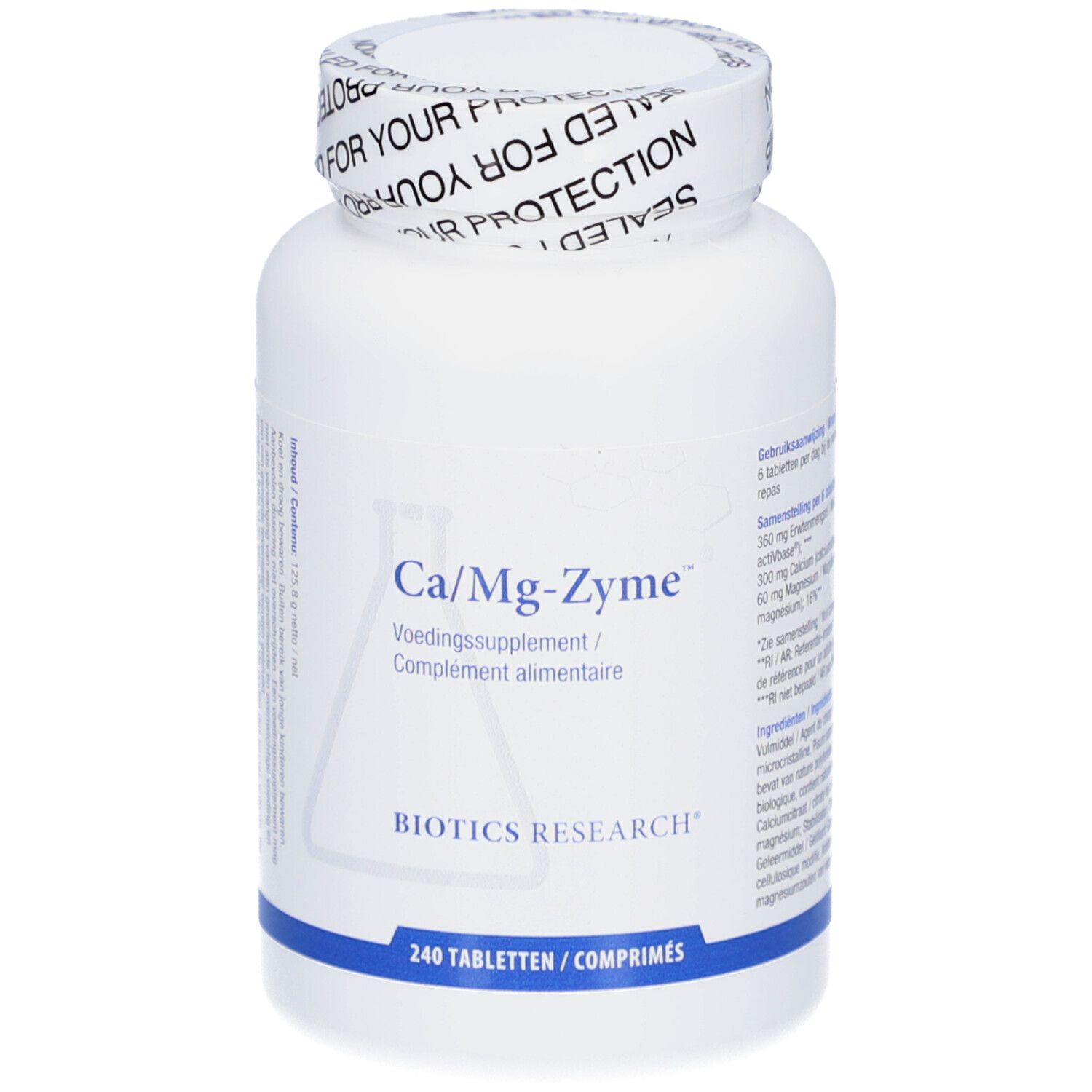 Weiße Flasche mit Ca/Mg-Zyme-Etikett. Aufschrift: 240 Tabletten. Biotics Research Logo. Verschluss mit Aufschrift.