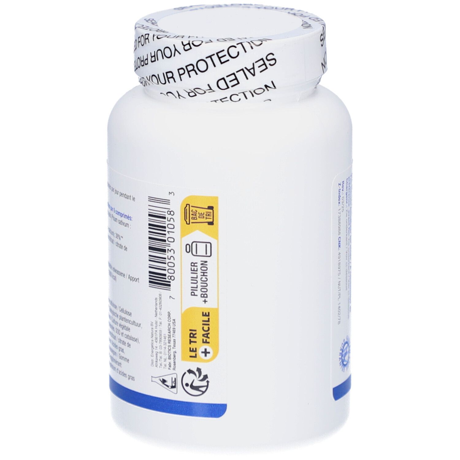 Weiße Flasche mit Ca/Mg-Zyme-Etikett. Gelbes Etikett mit Piktogrammen. Textinformationen und Logo. 240 Tabletten.
