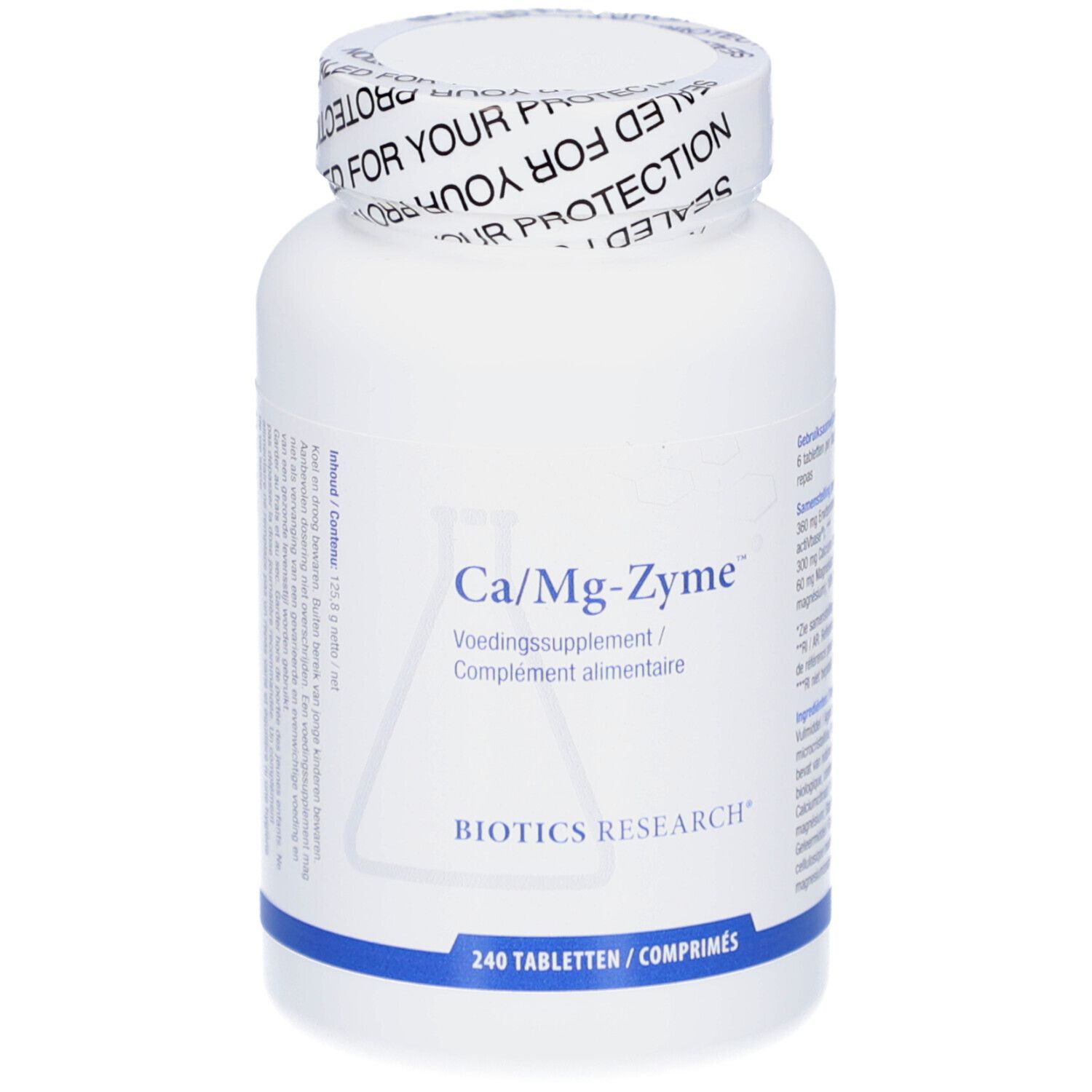 Weiße Flasche mit Ca/Mg-Zyme-Etikett. Aufschrift: 240 Tabletten. Biotics Research Logo. Verschluss mit Aufschrift.