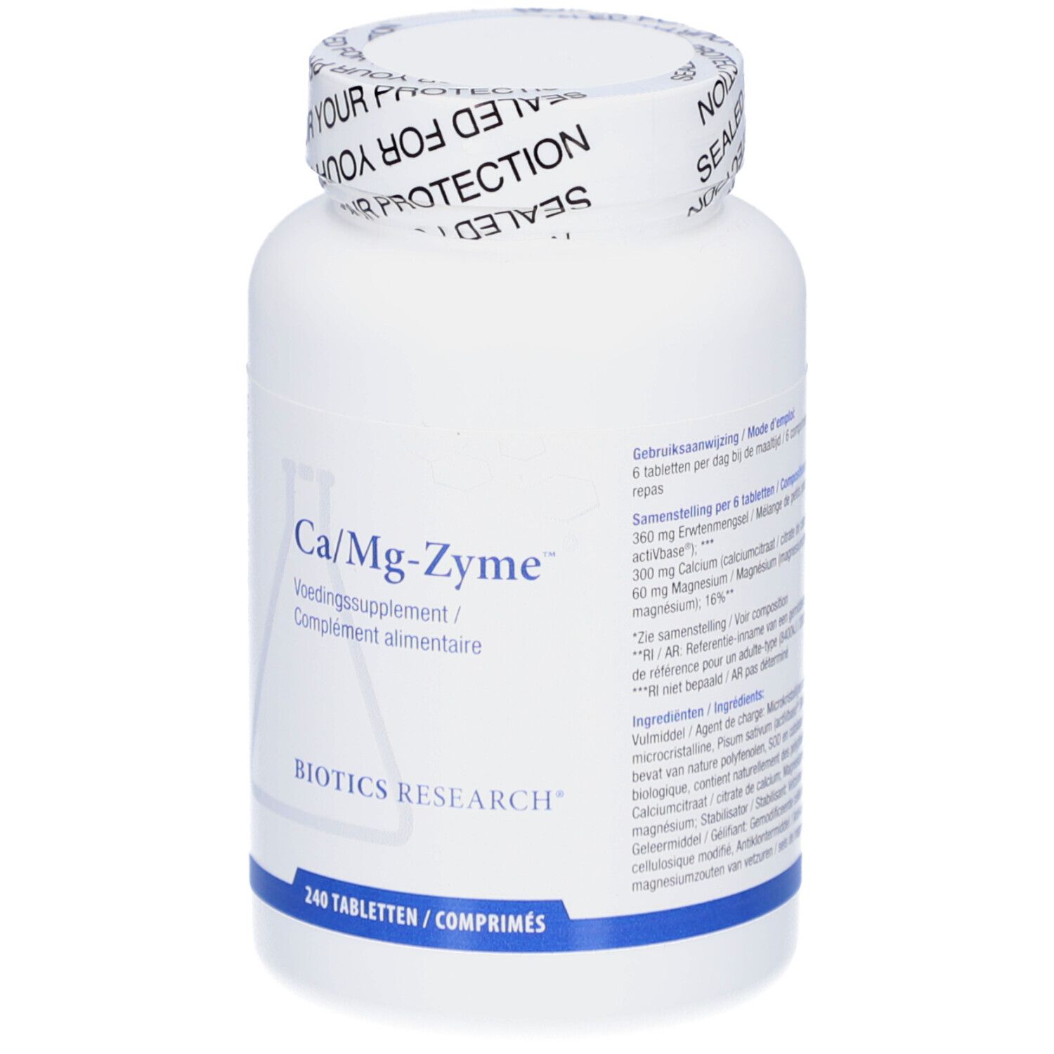 Weiße Flasche mit Ca/Mg-Zyme-Etikett. Textinformationen und Logo. 240 Tabletten. Gebrauchsanweisung.