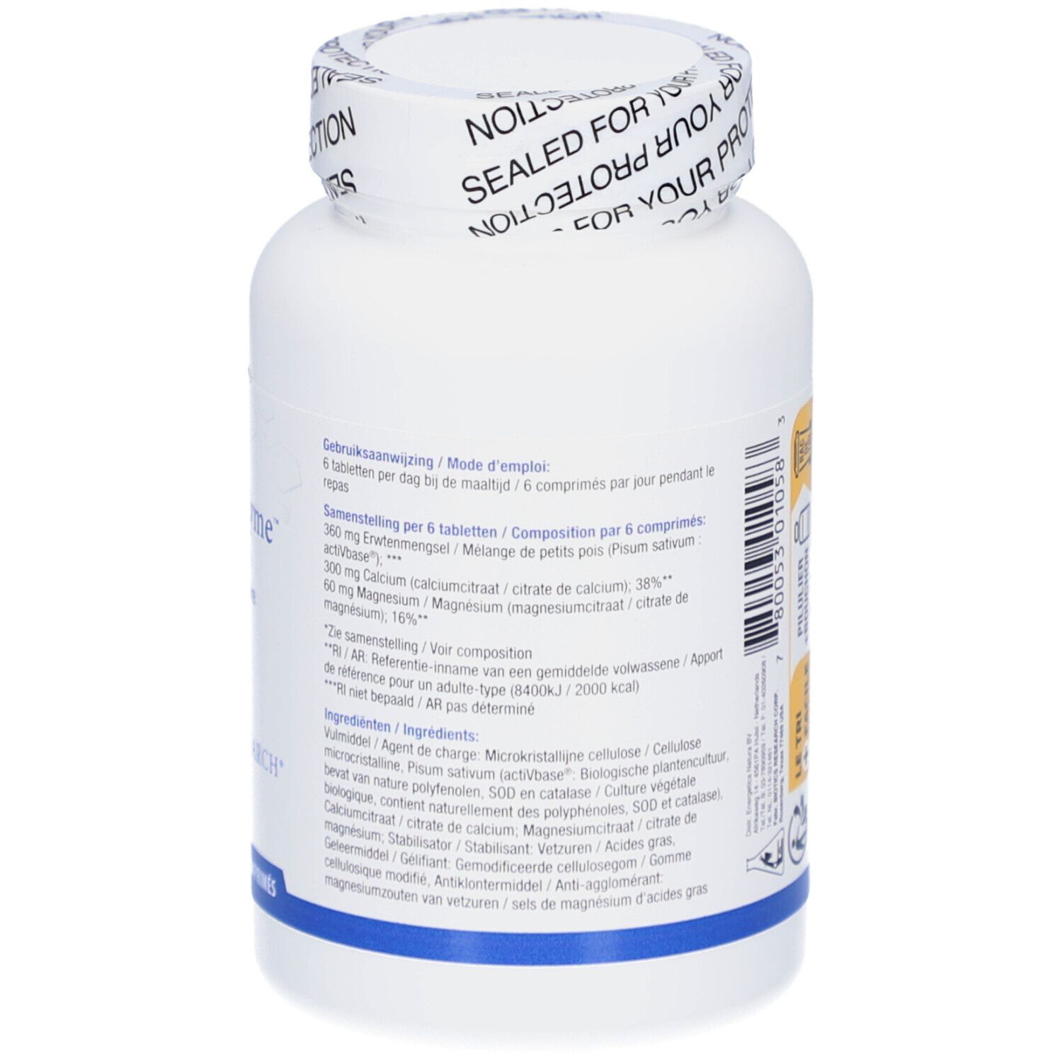 Rückseite einer weißen Flasche mit Ca/Mg-Zyme-Etikett. Textinformationen und Logo. 240 Tabletten. Gebrauchsanweisung.