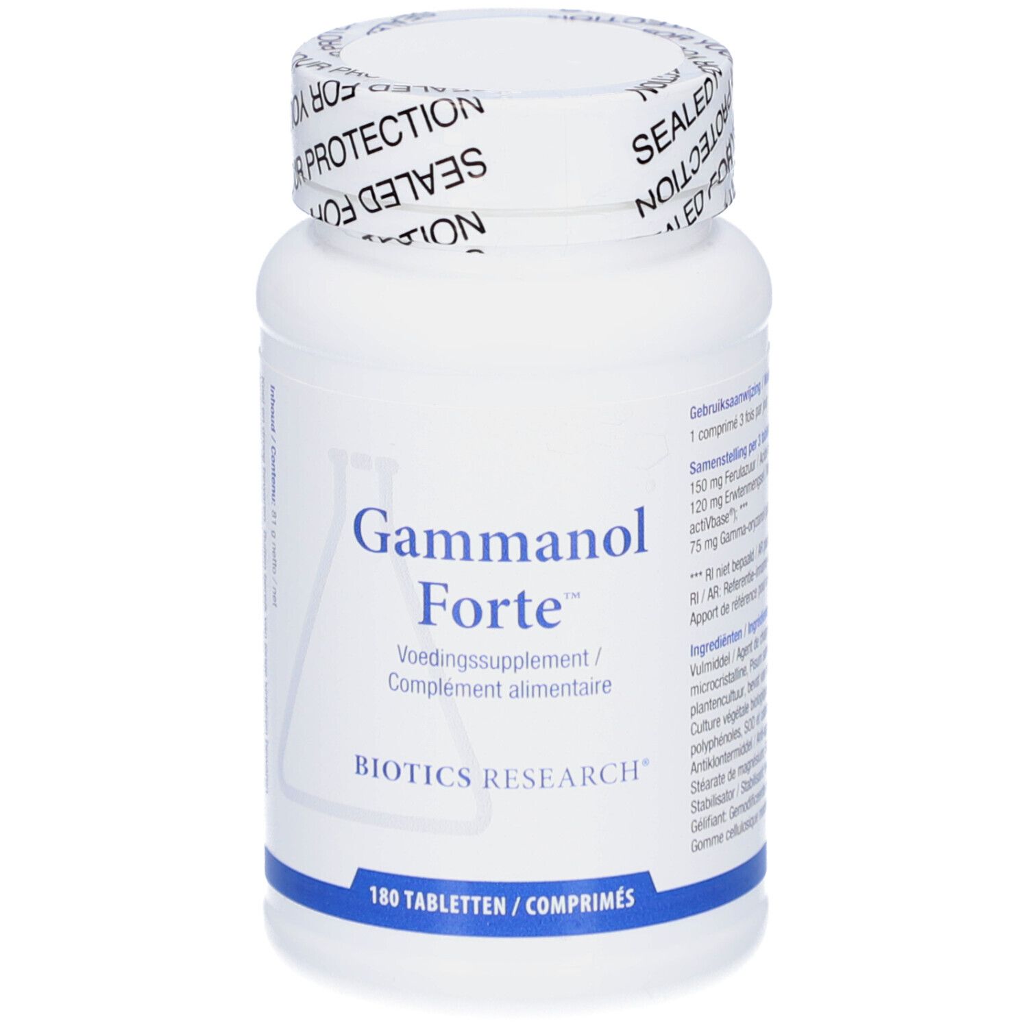 Weiße Flasche mit Gammanol Forte. Aufschrift: Nahrungsergänzungsmittel. Verschluss mit Aufschrift.