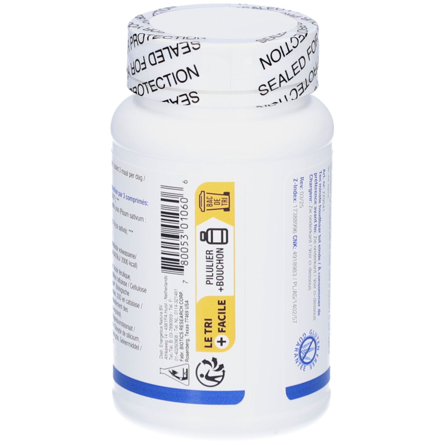 Rückseite der weißen Flasche Gammanol Forte. Textinformationen und Etikett. Piktogramm: Pillenbehälter.