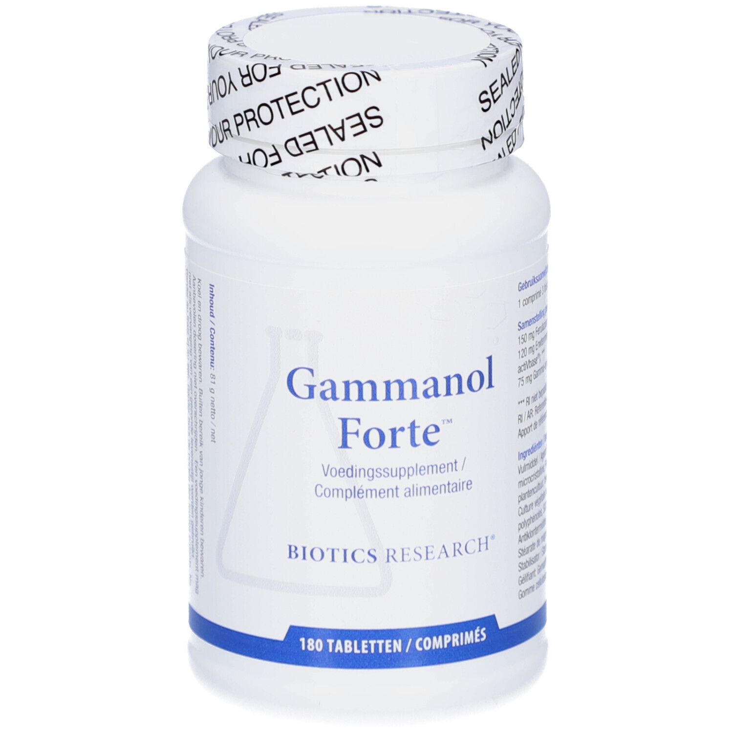 Weiße Flasche mit Gammanol Forte. Aufschrift: Nahrungsergänzungsmittel. 180 Tabletten.