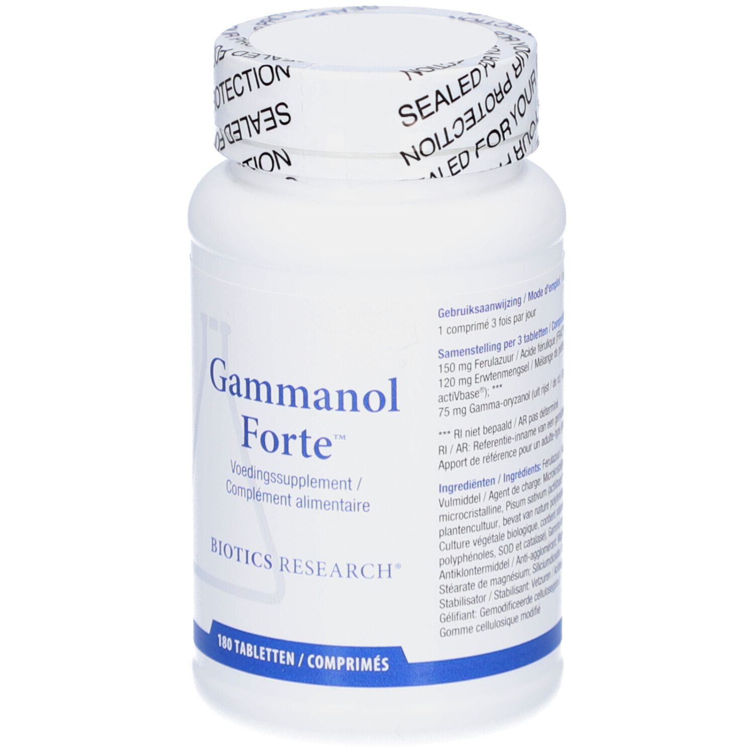 Weiße Flasche Gammanol Forte. Aufschrift: Nahrungsergänzungsmittel. 180 Tabletten. Gebrauchsanweisung.