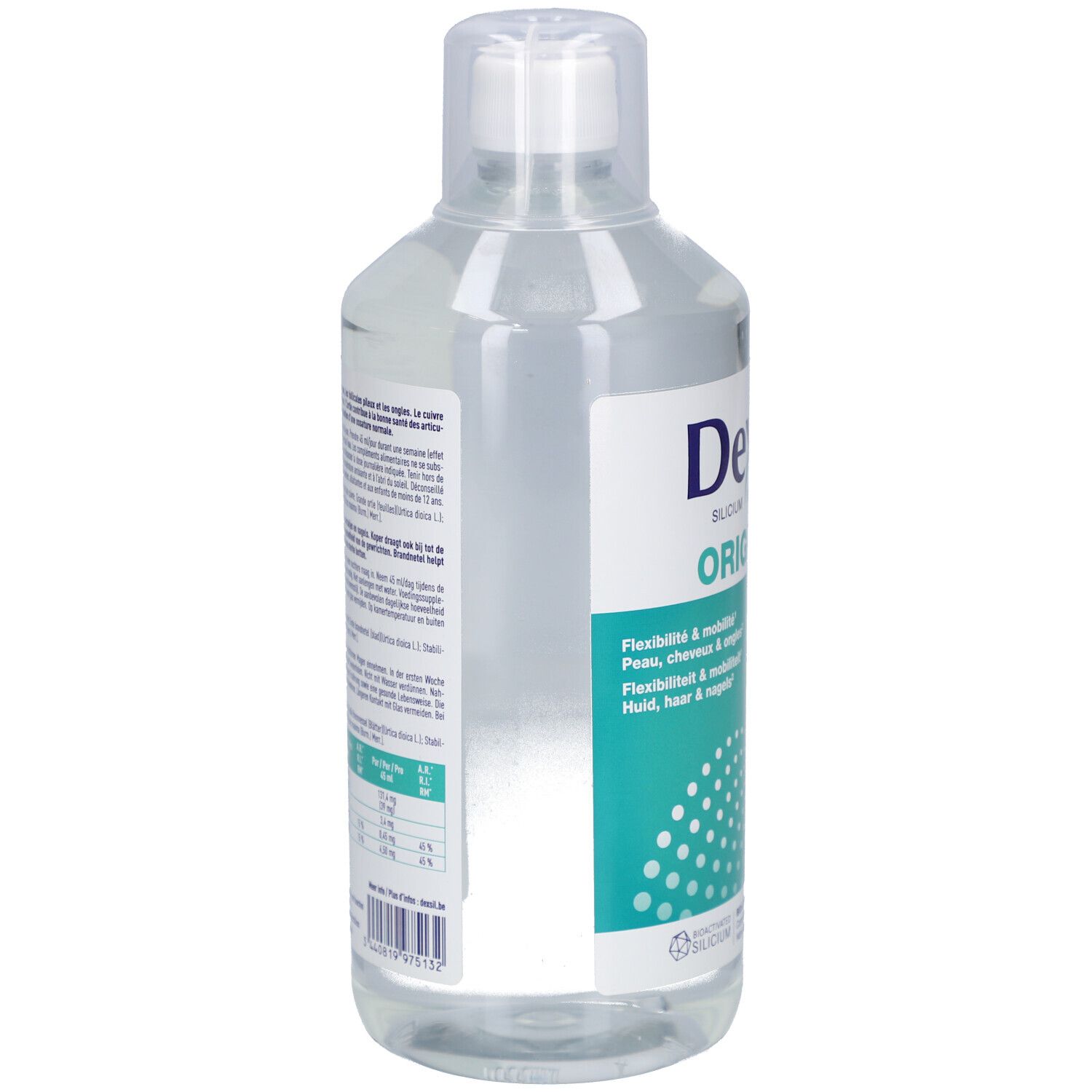 Rückseite der Flasche. Text und Informationen. Grüne und weiße Beschriftung. Transparente Flüssigkeit sichtbar.