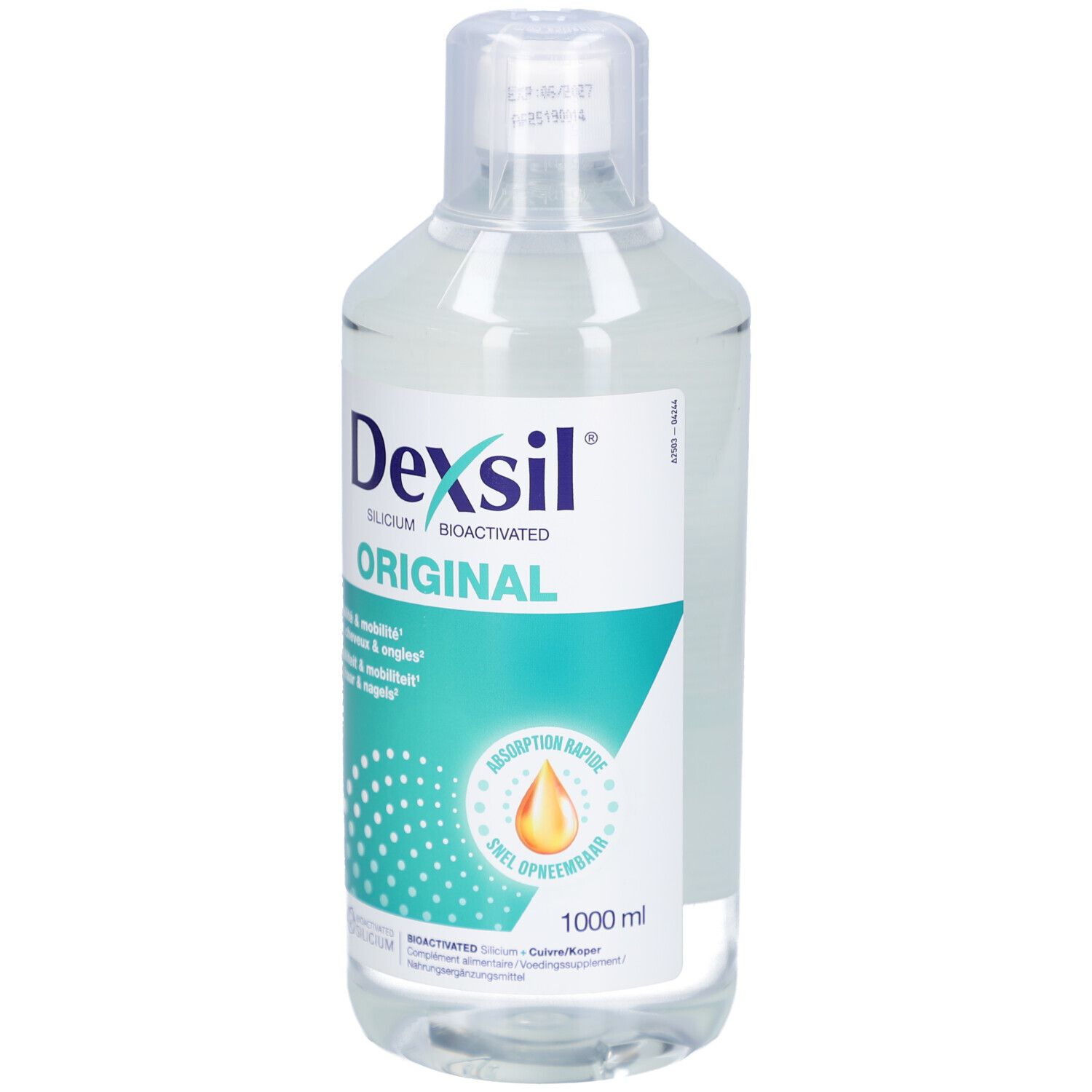 Klare Flasche mit weißem Deckel. Aufschrift Dexsil Original. Text: Flexibilität & Mobilität, Haut, Haare & Nägel.