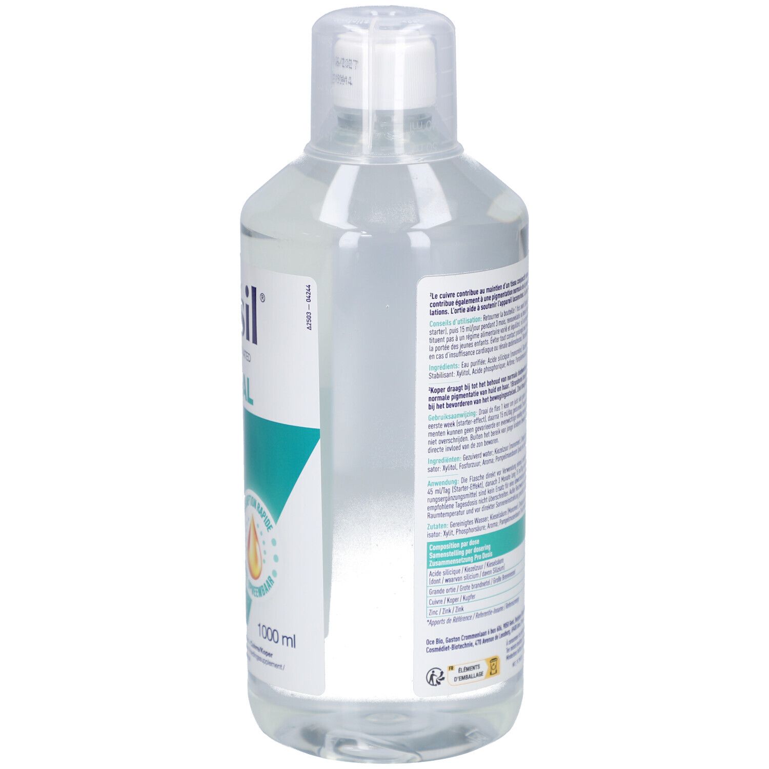 Rückseite der Flasche. Text und Informationen. Grüne und weiße Beschriftung. Transparente Flüssigkeit sichtbar.