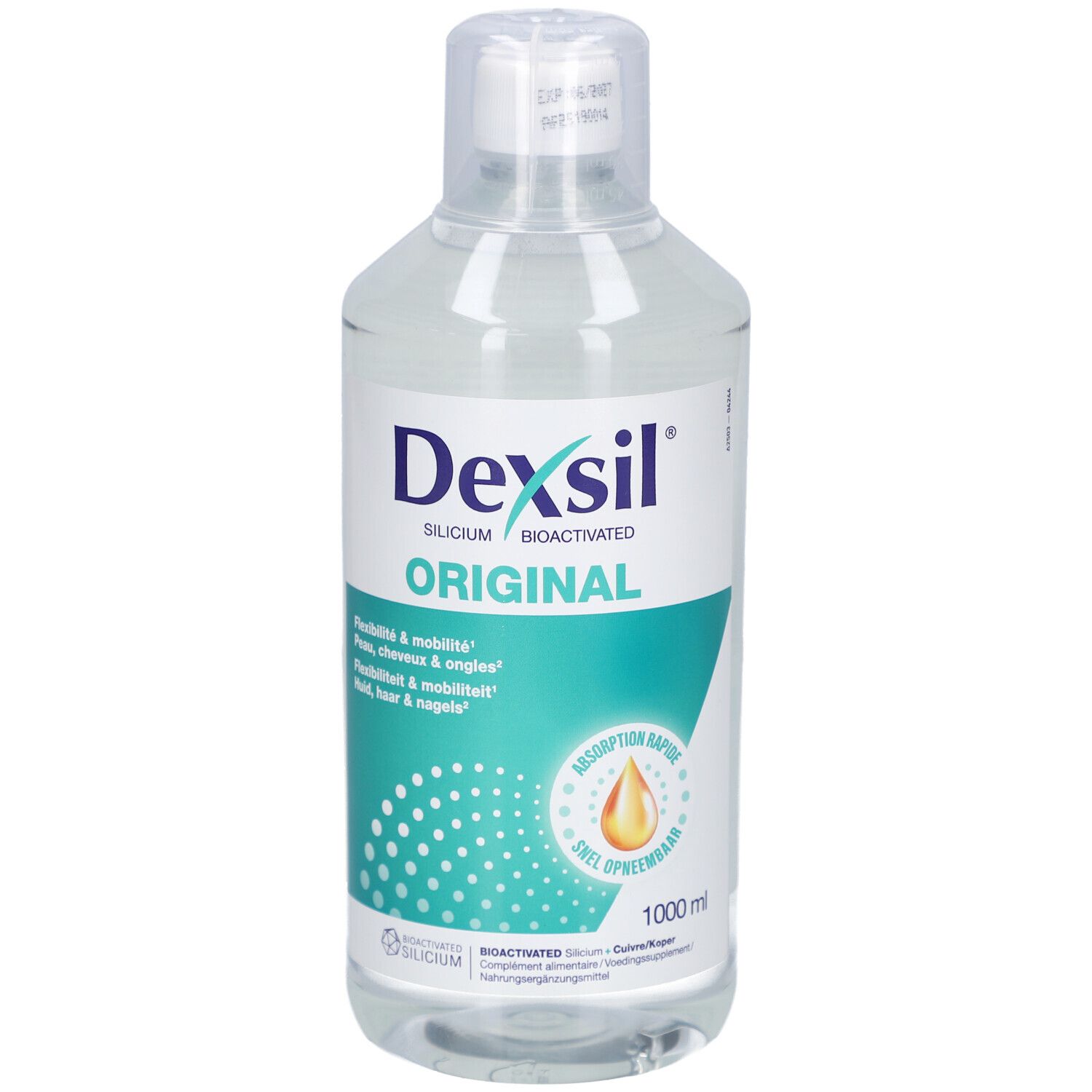 Klare Flasche mit weißem Deckel. Aufschrift Dexsil Original. Text: Flexibilität & Mobilität, Haut, Haare & Nägel.