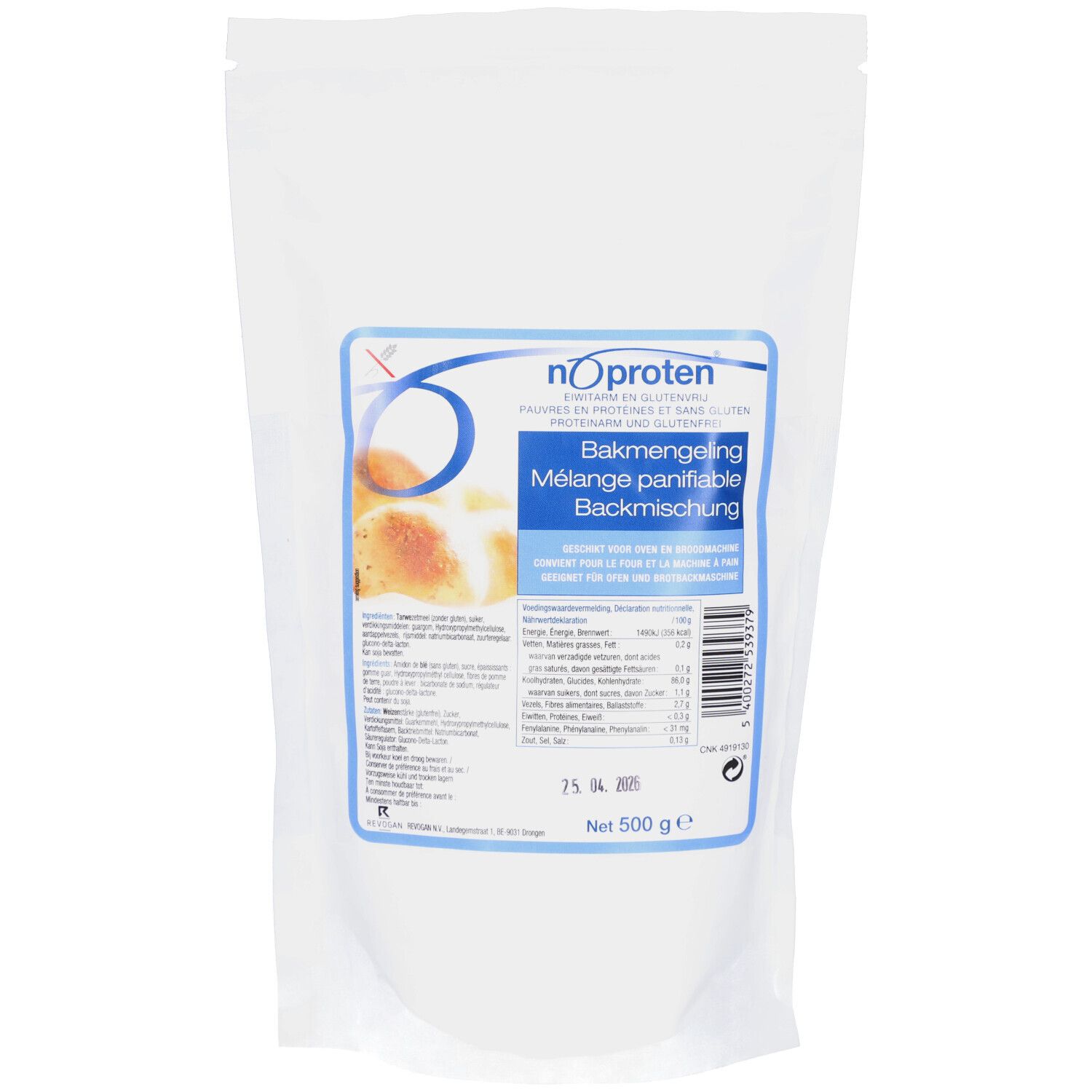 Weißer Beutel mit blauem Etikett. Aufschrift: Noproten Bakmengeling, 500 g. Enthält glutenfreie Zutaten.