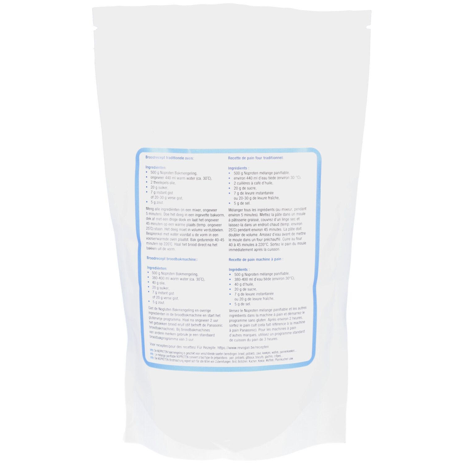 Rückseite des weißen Beutels. Blaues Etikett mit Zutatenlisten und Zubereitungshinweisen in mehreren Sprachen.