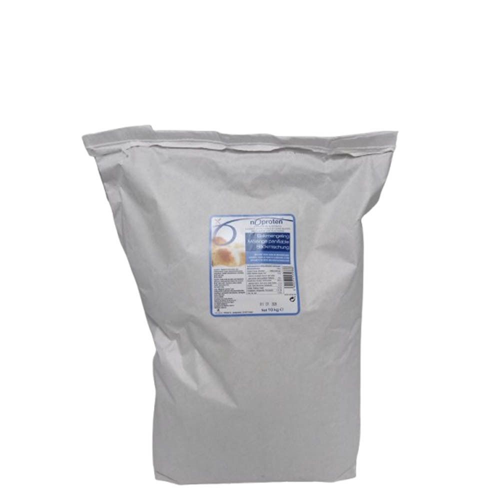 Großer, grauer Beutel mit blauem Etikett. Auf dem Etikett sind Text und ein Logo zu sehen. Das Produkt ist Noproten bakmengeling.