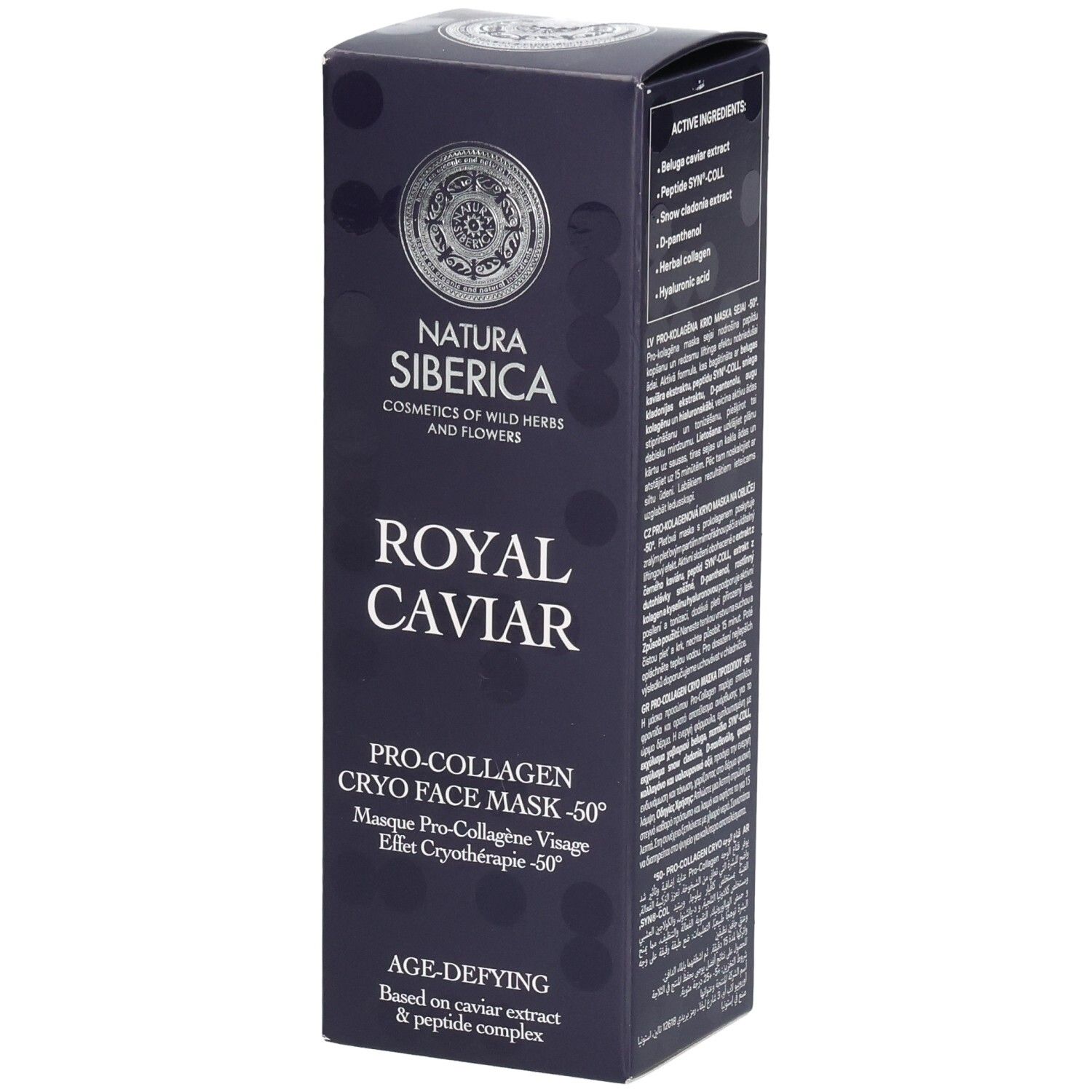 Dunkelblaue Produktverpackung. Aufschrift: Natura Siberica, Royal Caviar, Pro-Collagen Cryo Face Mask -50°. Enthält Text über Inhaltsstoffe.