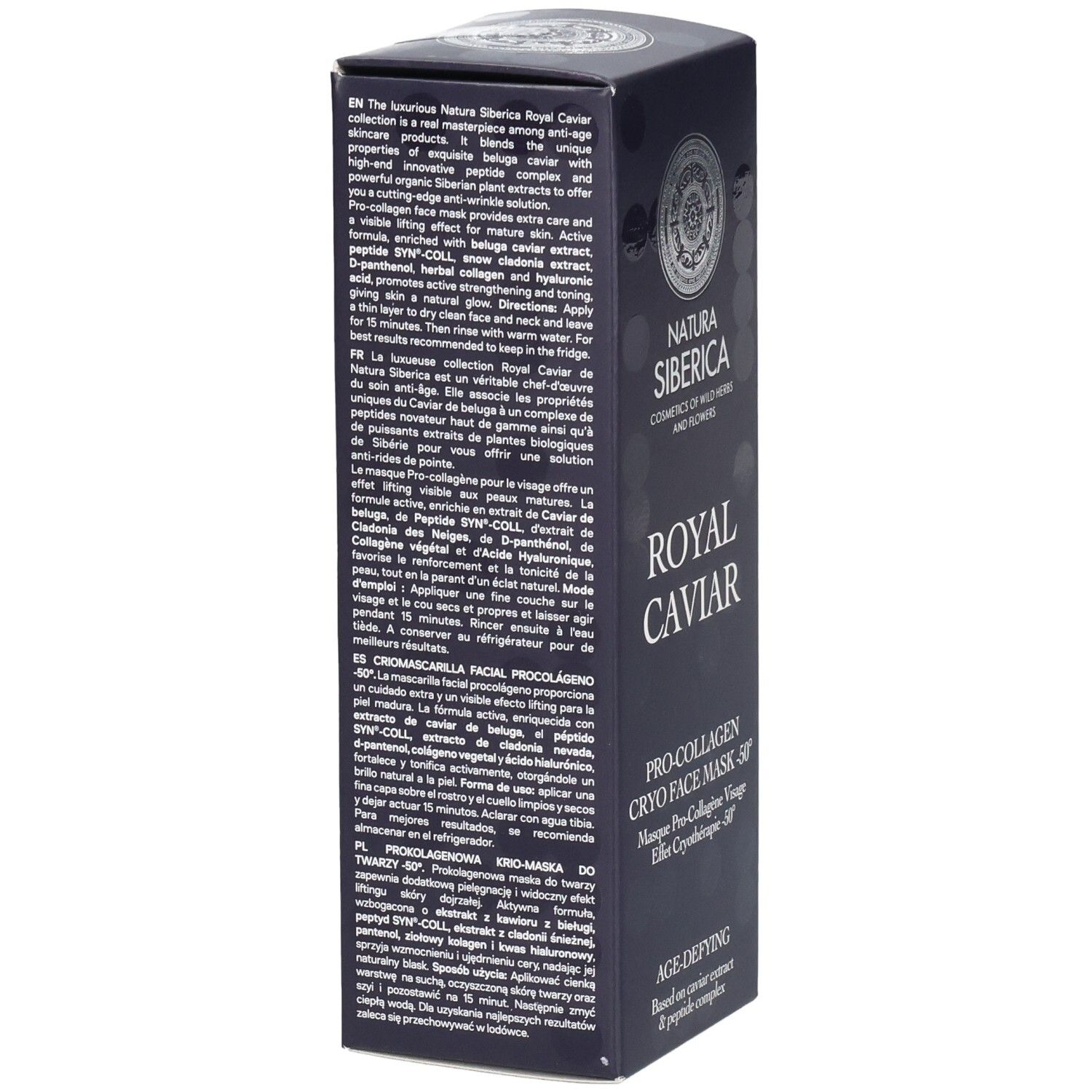 Dunkelblaue Produktverpackung. Text in mehreren Sprachen. Enthält Informationen über das Produkt und seine Inhaltsstoffe.