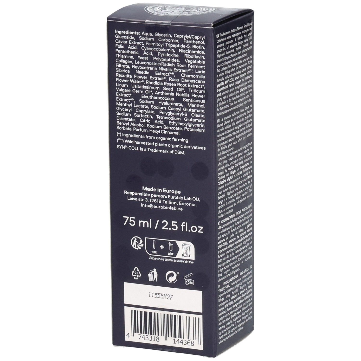 Rückseite der dunkelblauen Produktverpackung. Enthält eine Liste der Inhaltsstoffe und Informationen zur Herstellung.